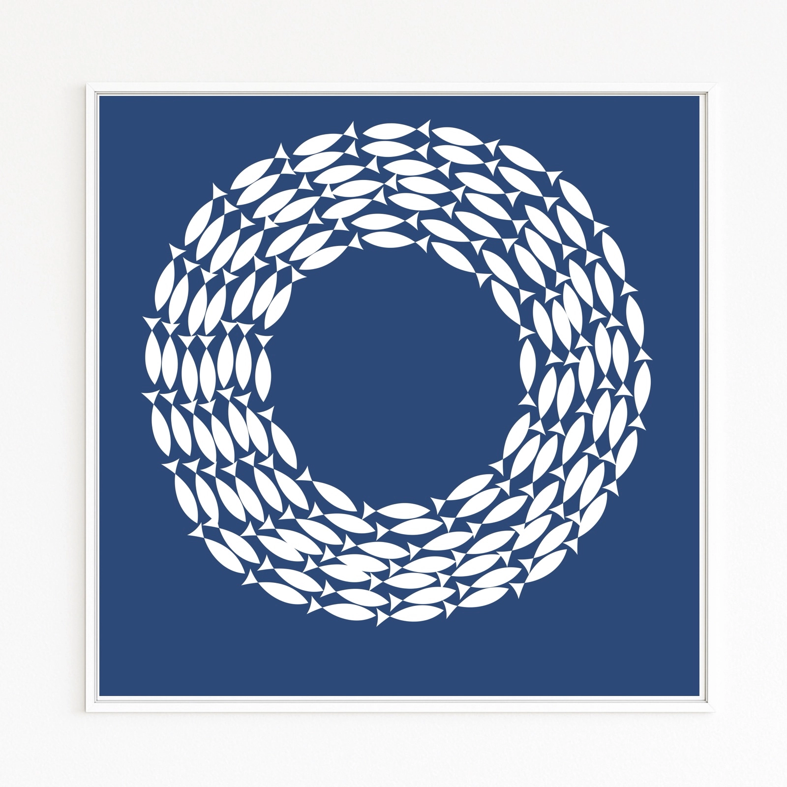 Buy directly from the artist. A fish swarm forms a circle – rhythm and connection. Christof Hintze print. Blue in a Square - 250 plus artworks collection.