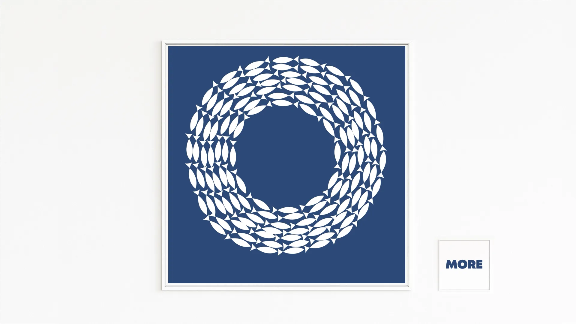 Buy directly from the artist. A fish swarm forms a circle – rhythm and connection. Christof Hintze print. Blue in a Square - 250 plus artworks collection.