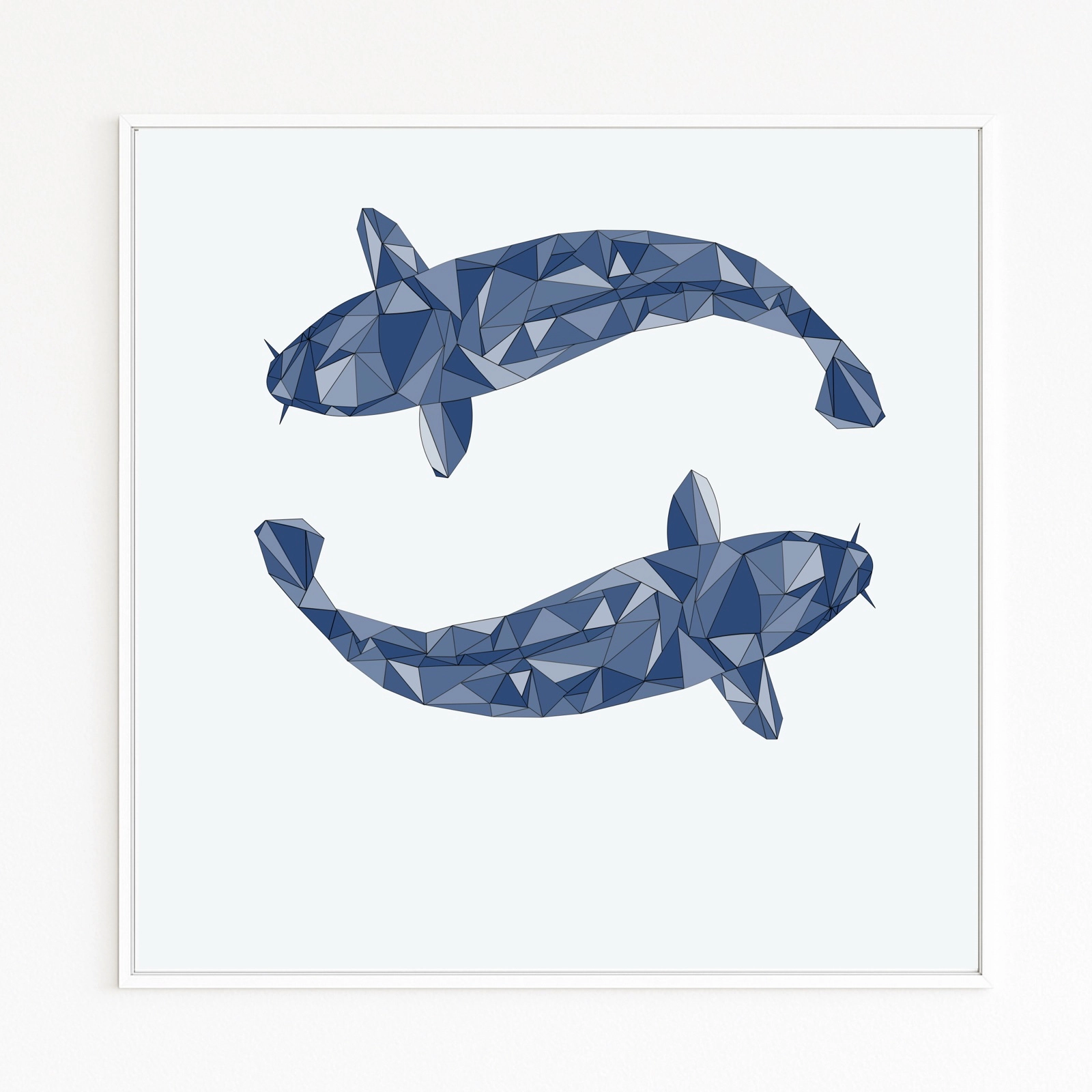 Buy directly from the artist. Two cubistic koi fishes in blue circle in harmony. Christof Hintze print. Blue in a Square - 250 plus artworks collection.