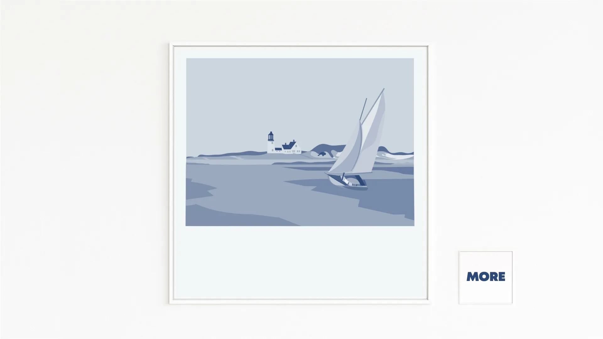 Buy directly from the artist. Hopper: Sailboat and lighthouse – maritime calm in blue. Christof Hintze series. Blue in a Square - 250 plus artworks collection.
