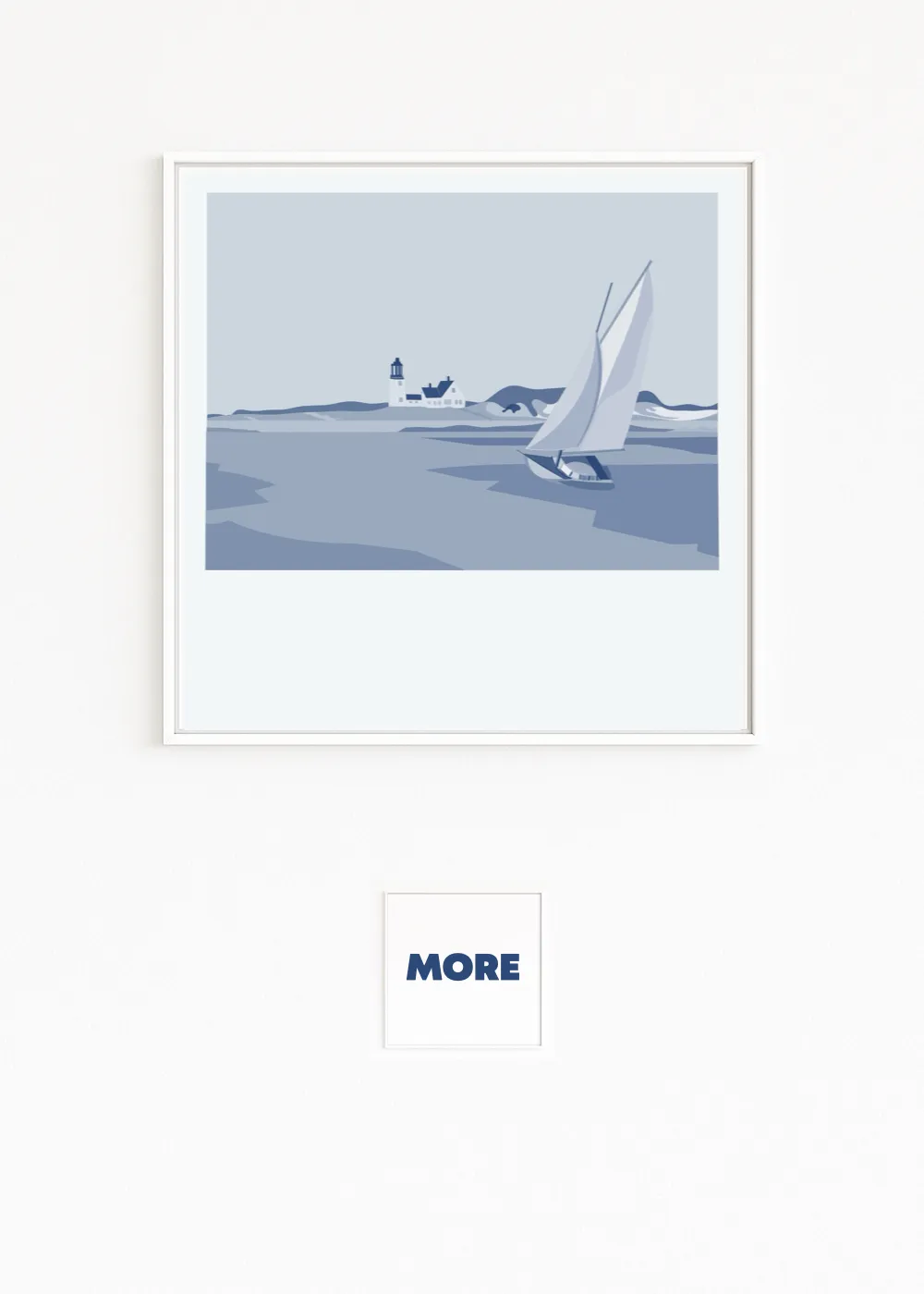 Buy directly from the artist. Hopper: Sailboat and lighthouse – maritime calm in blue. Christof Hintze series. Blue in a Square - 250 plus artworks collection.