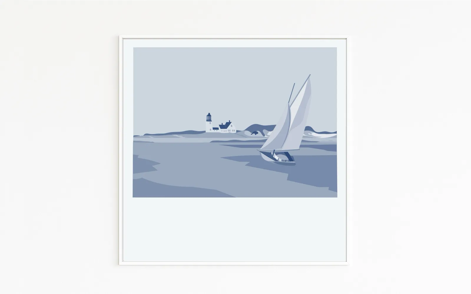 Online direkt vom Künstler kaufen. Hopper: Segelboot auf weiter See mit Leuchtturm – maritime Idylle in klarer Farbpoesie. Christof Hintze Druckgrafik.
