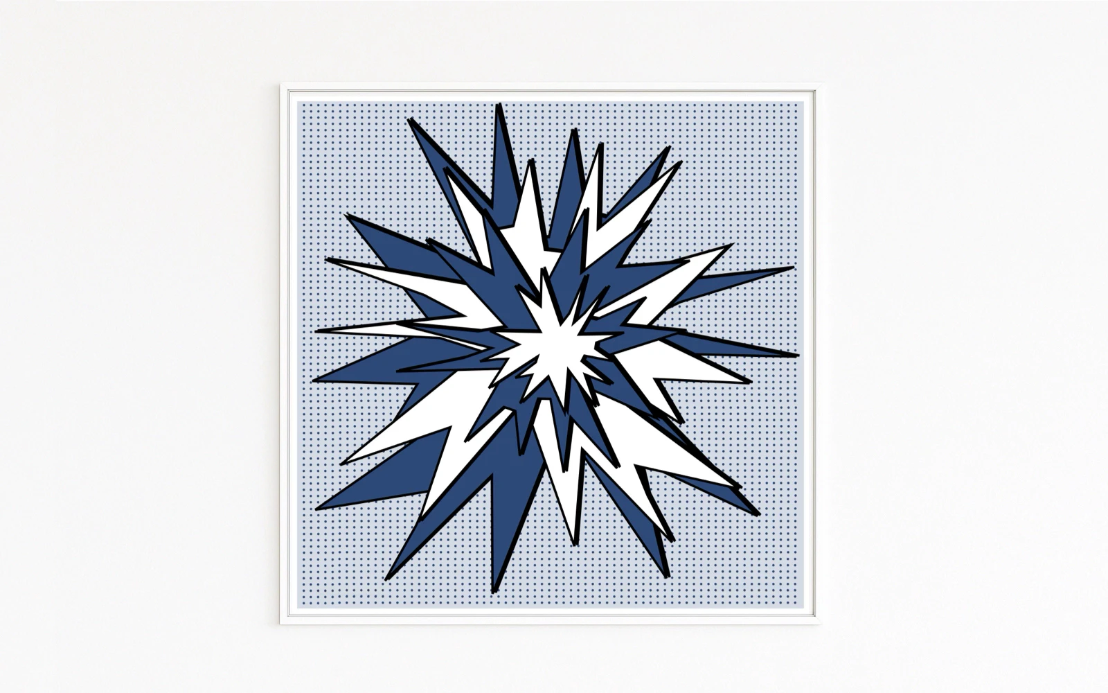 EXPLOSION shows a blue blast breaking through a halftone grid—an instant of frozen discharge. Contrasts in white, blue, and black; dynamic geometry. Art concept. Series of works.