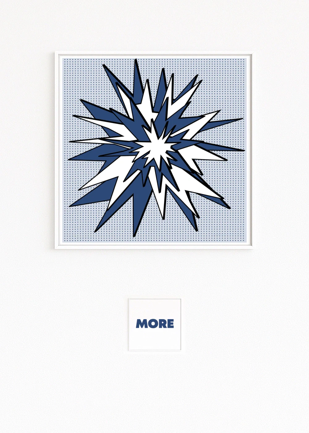 EXPLOSION shows a blue blast breaking through a halftone grid—an instant of frozen discharge. Contrasts in white, blue, and black; dynamic geometry. Art concept. Series of works.