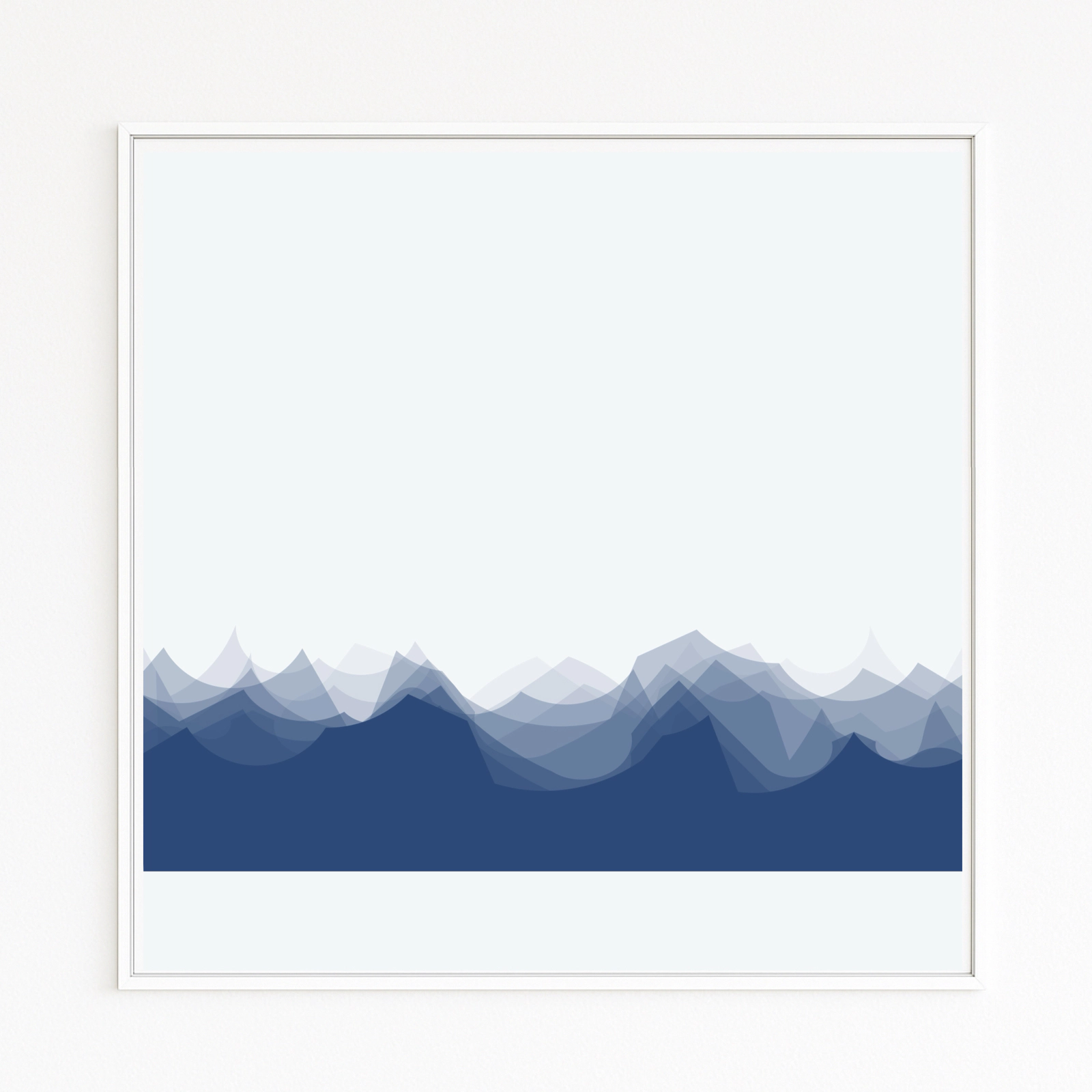 ALPS presents a reduced mountain silhouette in blue tones. Transparent layers create depth, distance, and atmosphere—a calm, powerful nature study in a minimalist style. Art. Art series. Print.
