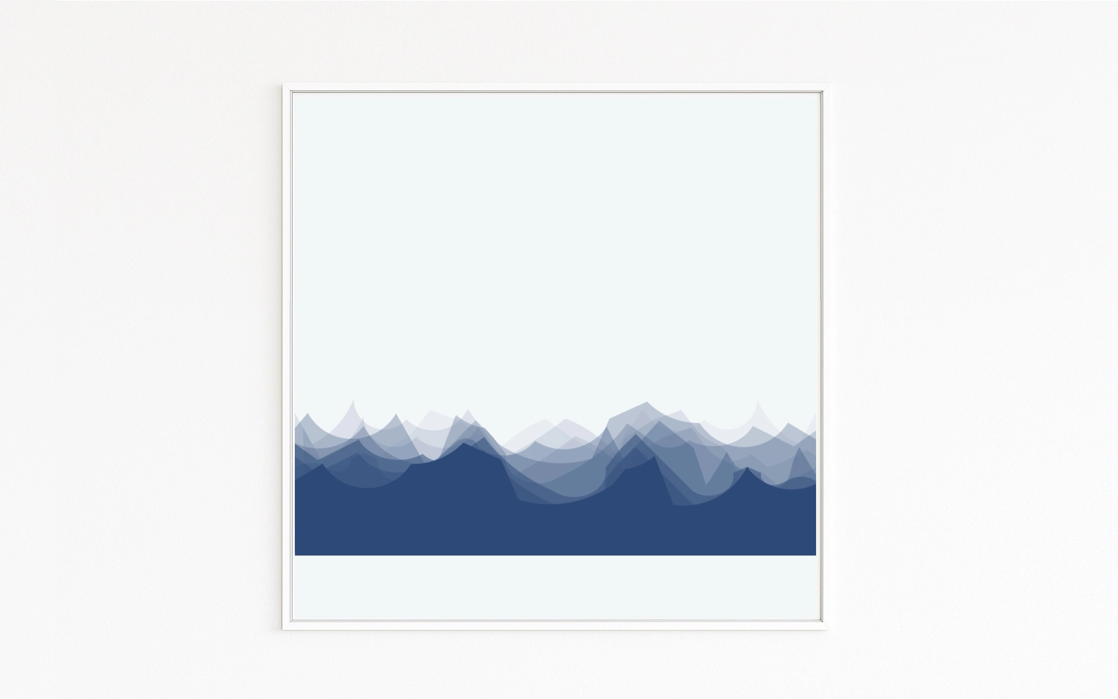 ALPS presents a reduced mountain silhouette in blue tones. Transparent layers create depth, distance, and atmosphere—a calm, powerful nature study in a minimalist style. Art. Art series. Print.