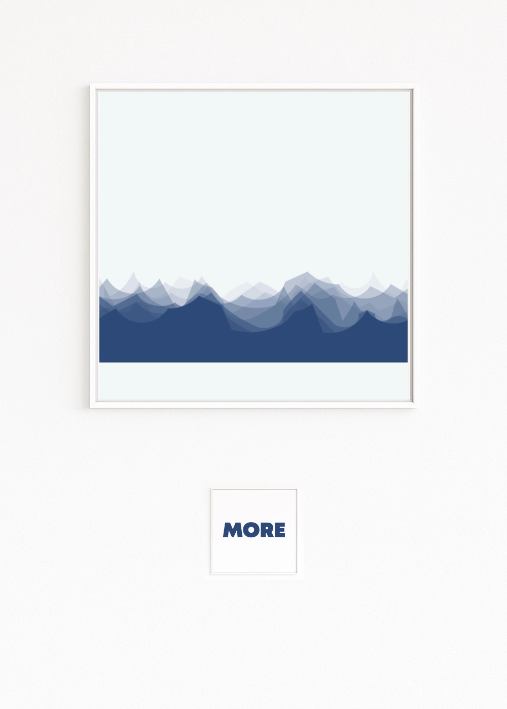 ALPS presents a reduced mountain silhouette in blue tones. Transparent layers create depth, distance, and atmosphere—a calm, powerful nature study in a minimalist style. Art. Art series. Print.