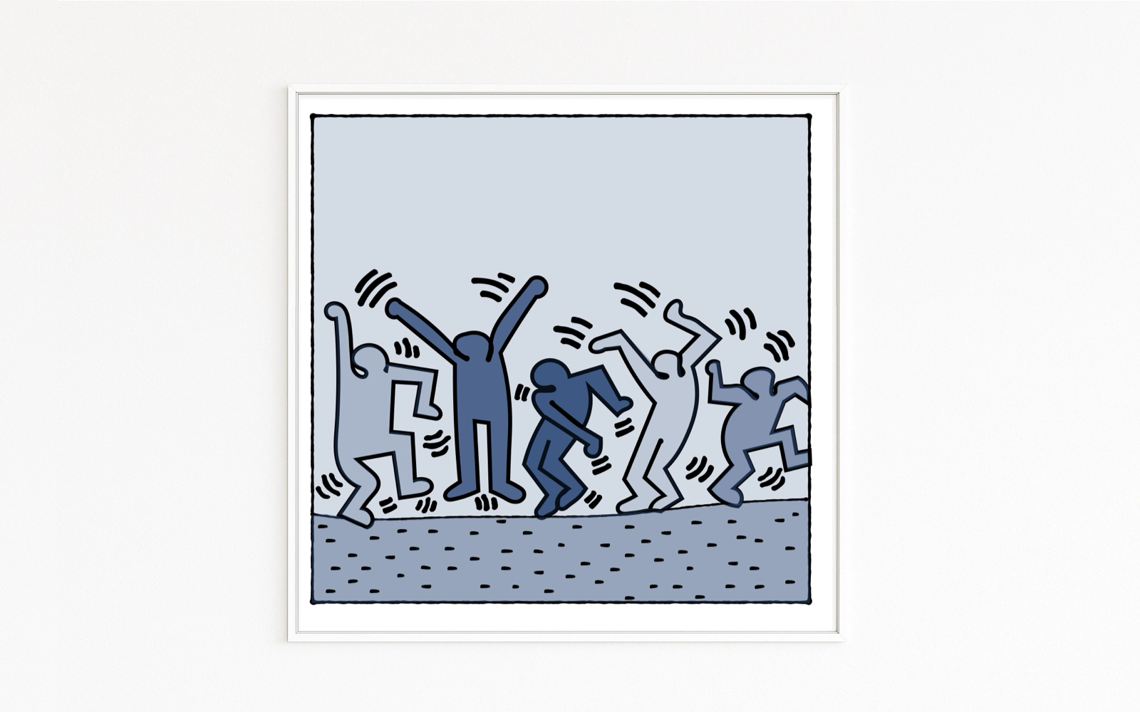 HARING DANCING Fünf tanzende Figuren in Haring-Anmutung: dynamische Linien, Street-Art und monochromes Blau. Direkt kaufen: Hahnemühle Fine Art, Alu-Dibond kaschiert, Holzrahmen mit Schattenfuge. HARING DANCING Fünf tanzende Figuren in Haring-Anmutung: dynamische Linien, Street-Art und monochromes Blau. Direkt kaufen: Hahnemühle Fine Art, Alu-Dibond kaschiert, Holzrahmen mit Schattenfuge.