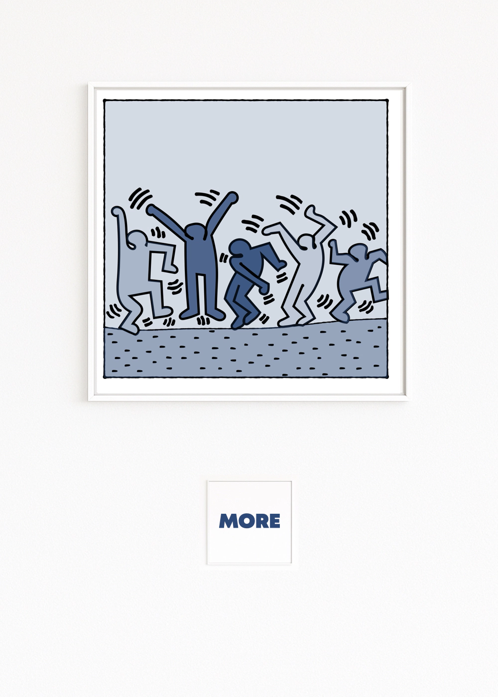 HARING DANCING Fünf tanzende Figuren in Haring-Anmutung: dynamische Linien, Street-Art und monochromes Blau. Direkt kaufen: Hahnemühle Fine Art, Alu-Dibond kaschiert, Holzrahmen mit Schattenfuge.