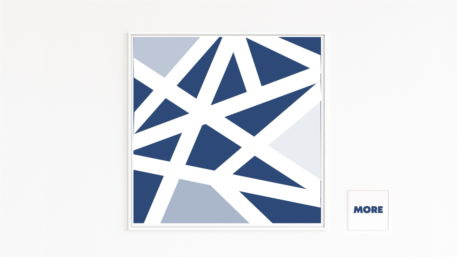 CROSSING presents a network of intersecting lines and sharp-edged forms in deep blue. White intervals act as light—encounter and movement. Aluminum Dibond. Hahnemühle Fine Art.	