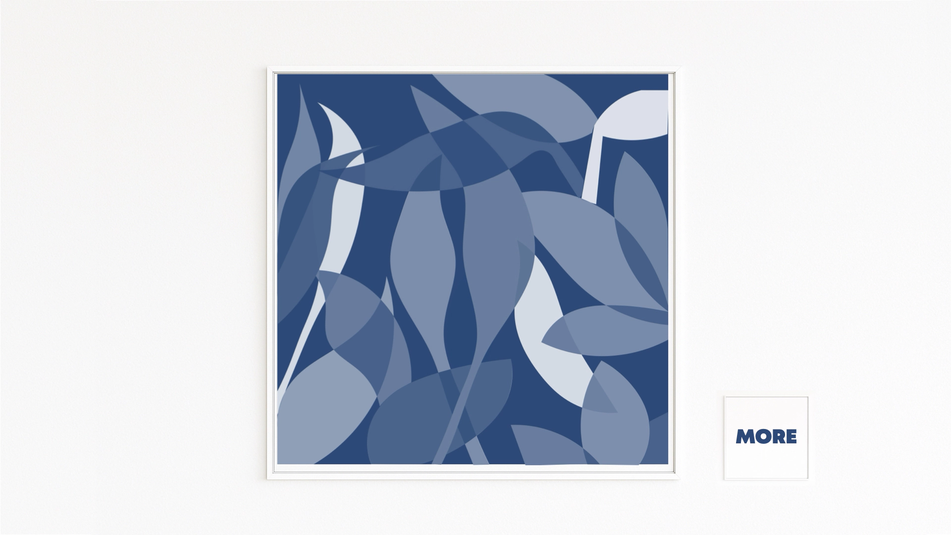 JUNGLE presents gently curved, transparent leaves in blue tones. Overlays create depth and a quiet play of light and shadow—calm and motion at once.