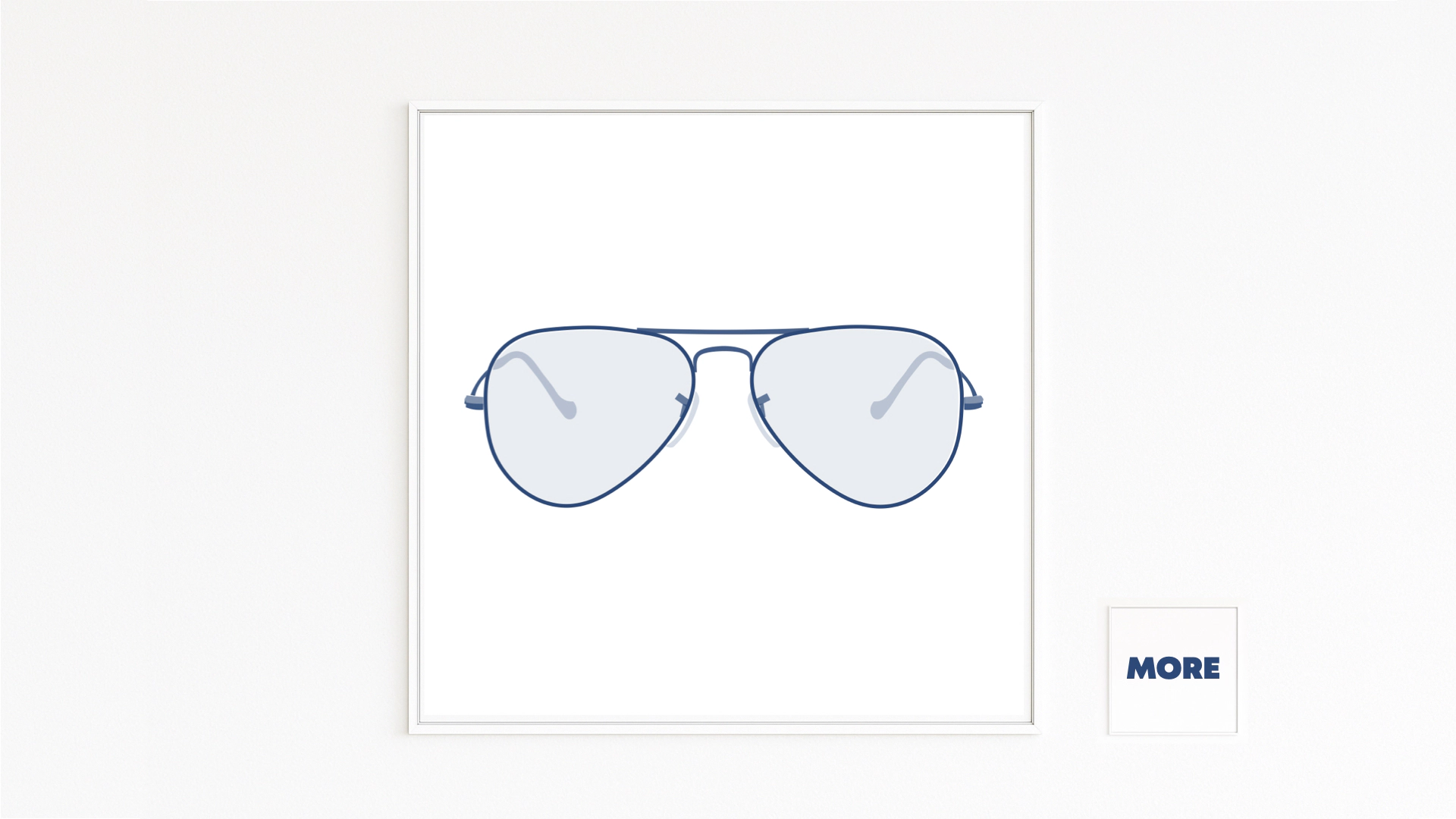 AVIATOR zeigt die ikonische Silhouette einer Ray Ban Pilotenbrille in tiefem Blau. Minimalistisch schwebend auf Weiß, zeitloses Design, Design-Klassiker, Produkt-Design