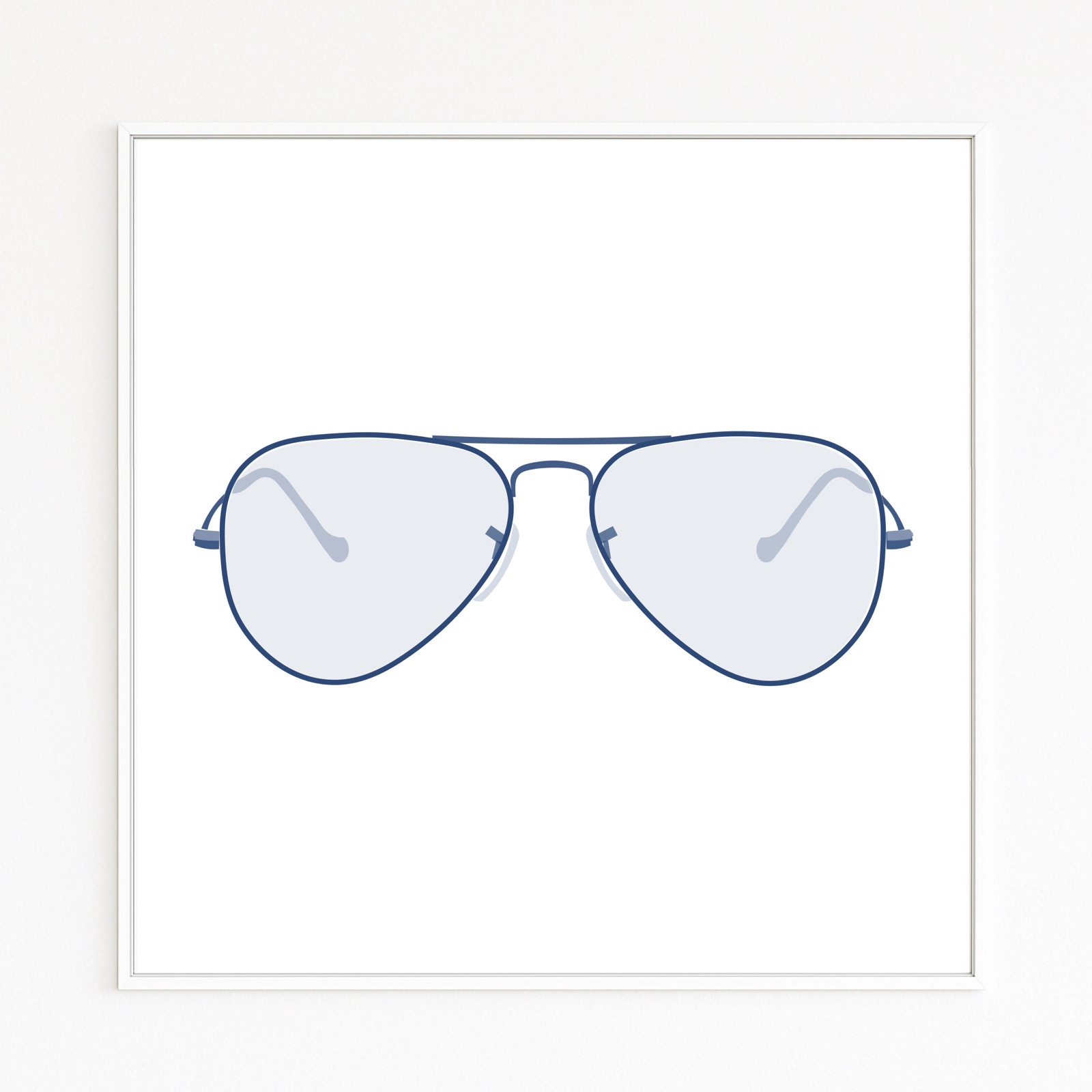 AVIATOR zeigt die ikonische Silhouette einer Ray Ban Pilotenbrille in tiefem Blau. Minimalistisch schwebend auf Weiß, zeitloses Design, Design-Klassiker, Produkt-Design