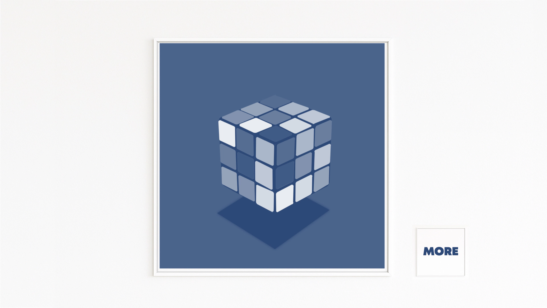 CUBE shows a floating Rubik's Cube in finely graded blue tones. Soft edges, light-like tiles, and a deep shadow enhance lightness and rotation—between toy icon and sculpture.