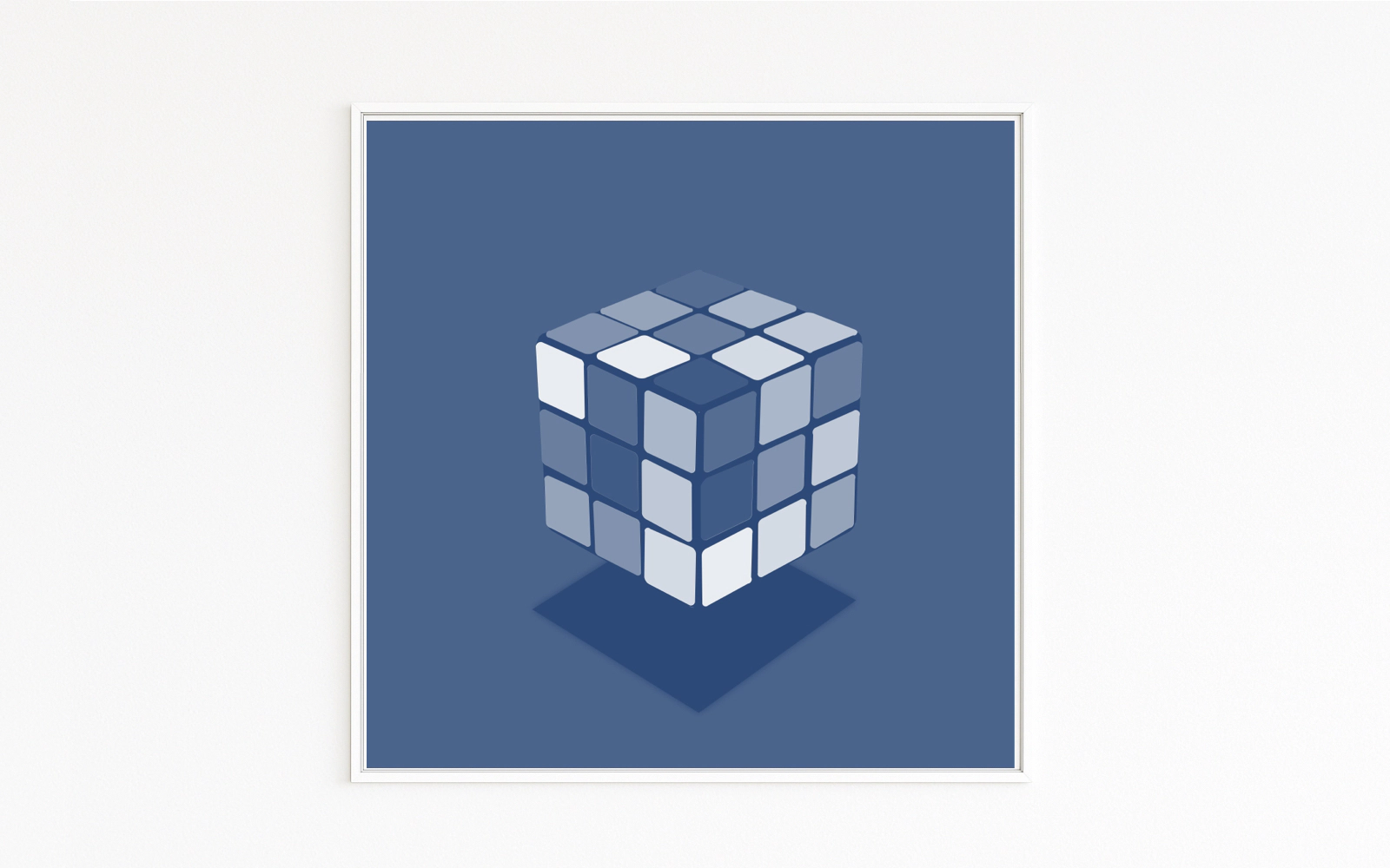 CUBE shows a floating Rubik's Cube in finely graded blue tones. Soft edges, light-like tiles, and a deep shadow enhance lightness and rotation—between toy icon and sculpture.