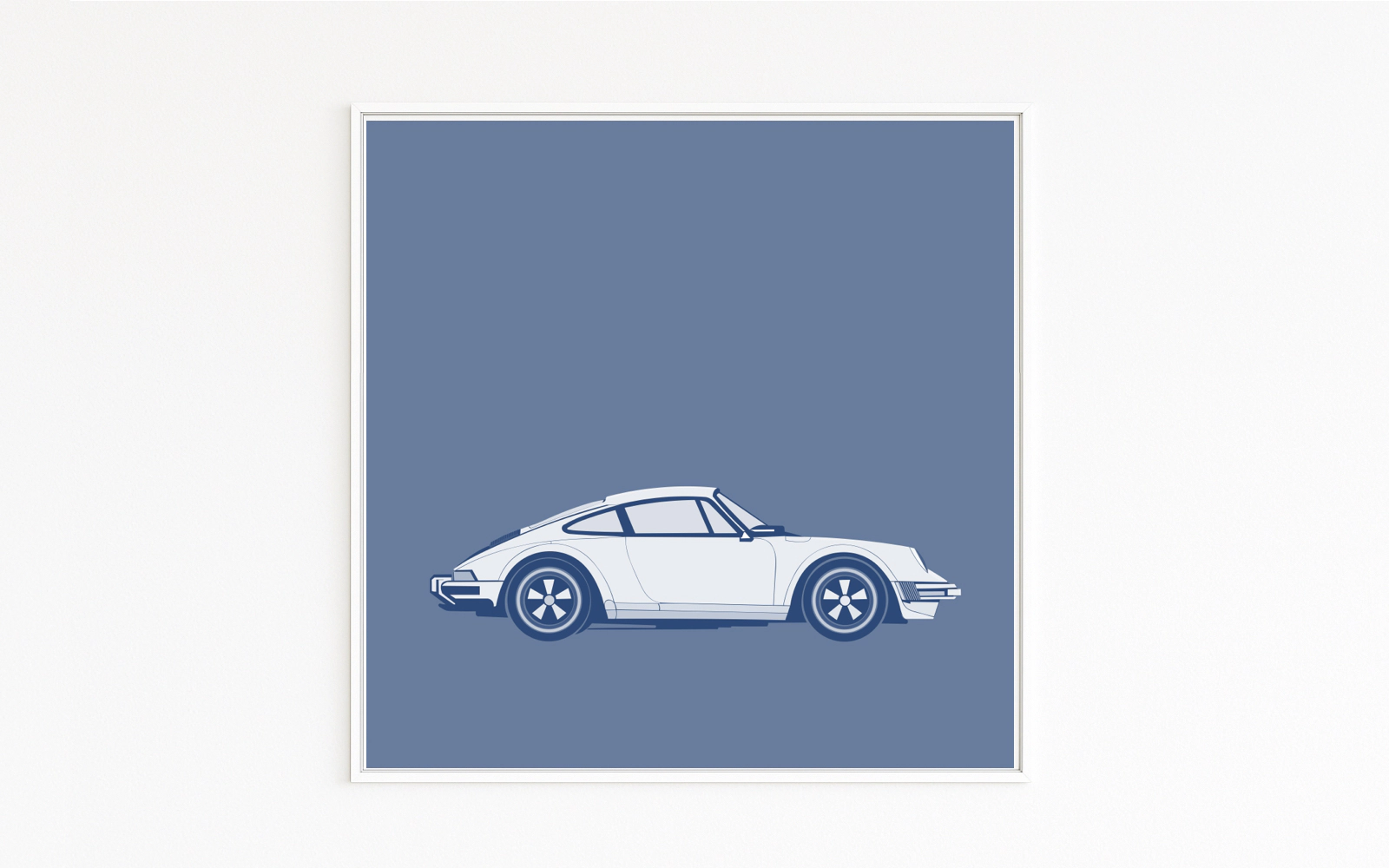 911: Side view of a classic Porsche 911 Carrera in blue tones, fastback silhouette, Fuchs wheels, clean line, fine art print.