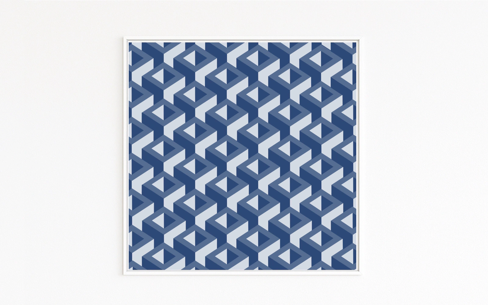 CONFORM: An isometric grid of hollow cubes or rhombi in navy and ice blue; an Op Art effect with quiet motion. Fine art work.