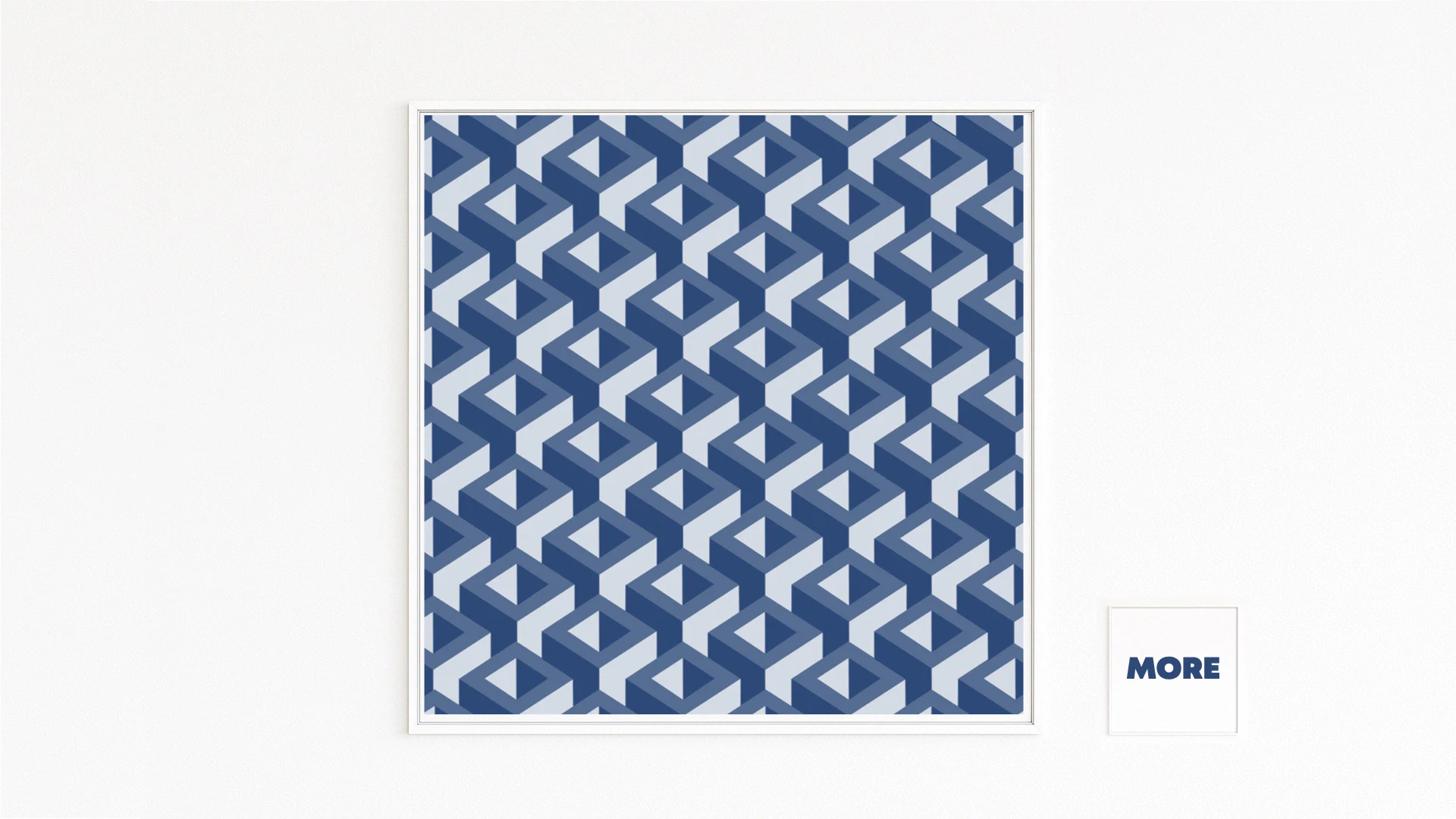 KONFORM: isometrisches Raster aus hohlen Würfeln oder Rauten in Marine- und Eisblau; Op-Art-Effekt mit ruhiger Bewegung. Kunstwerk