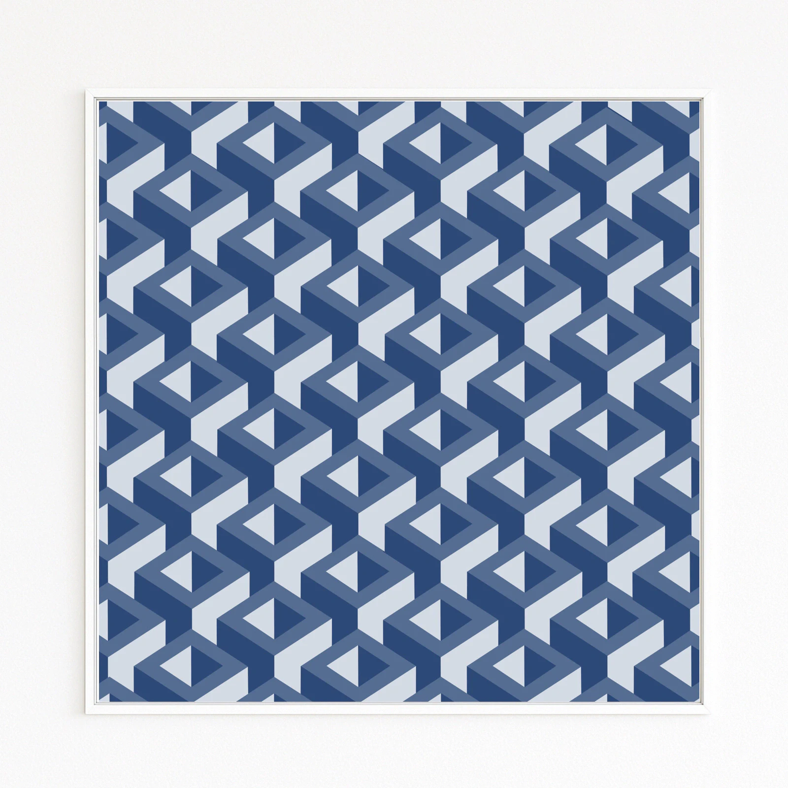 KONFORM: isometrisches Raster aus hohlen Würfeln oder Rauten in Marine- und Eisblau; Op-Art-Effekt mit ruhiger Bewegung. Kunstwerk