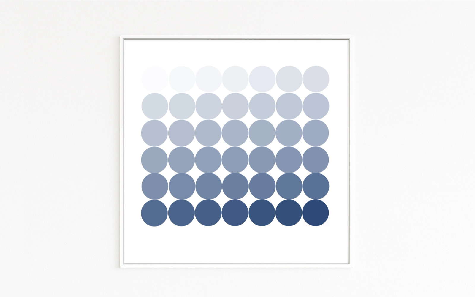 APPEARANCE. Eight rows of circles from white to deep blue in a grid. Minimalist gradient, art series with over 300 works.