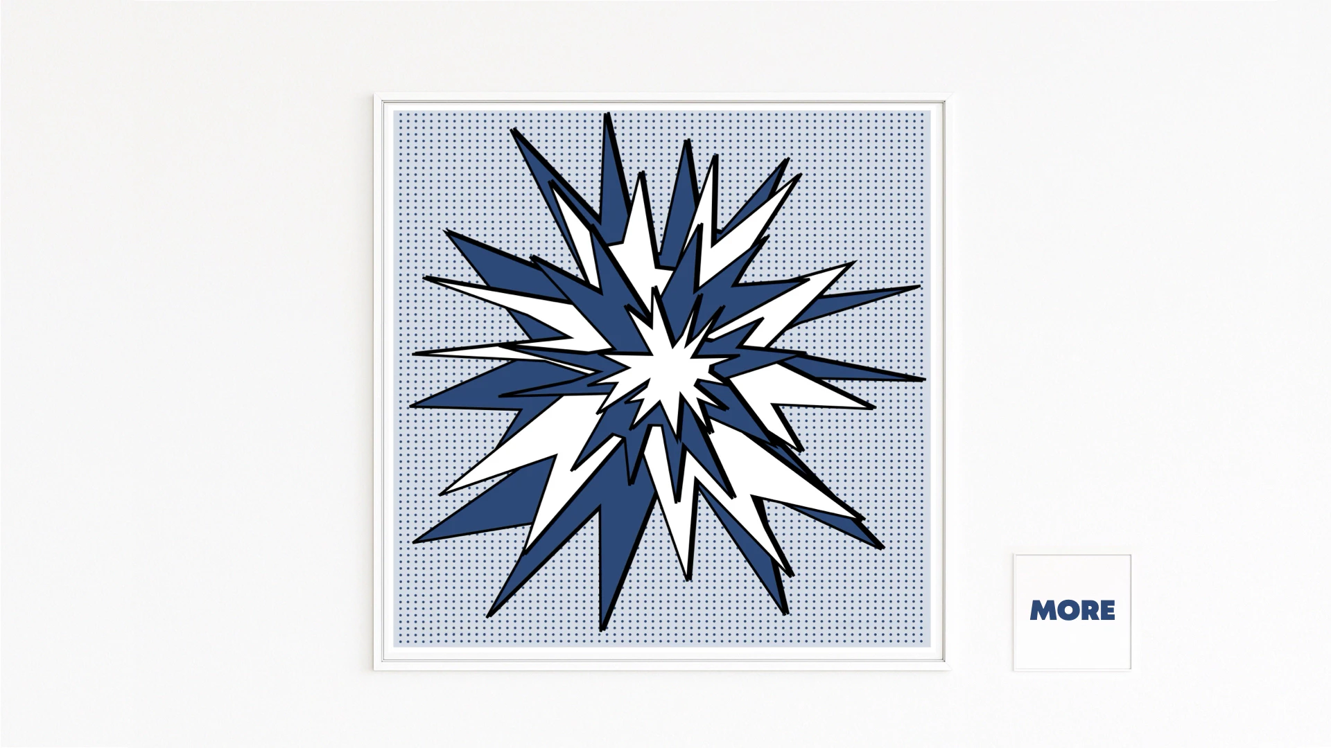 EXPLOSION zeigt einen blauen Knall, der ein Punktraster durchbricht – ein Moment eingefrorener Entladung. Kontraste in Weiß, Blau und Schwarz; dynamische Geometrie. Kunstkonzept. Bilderserie.