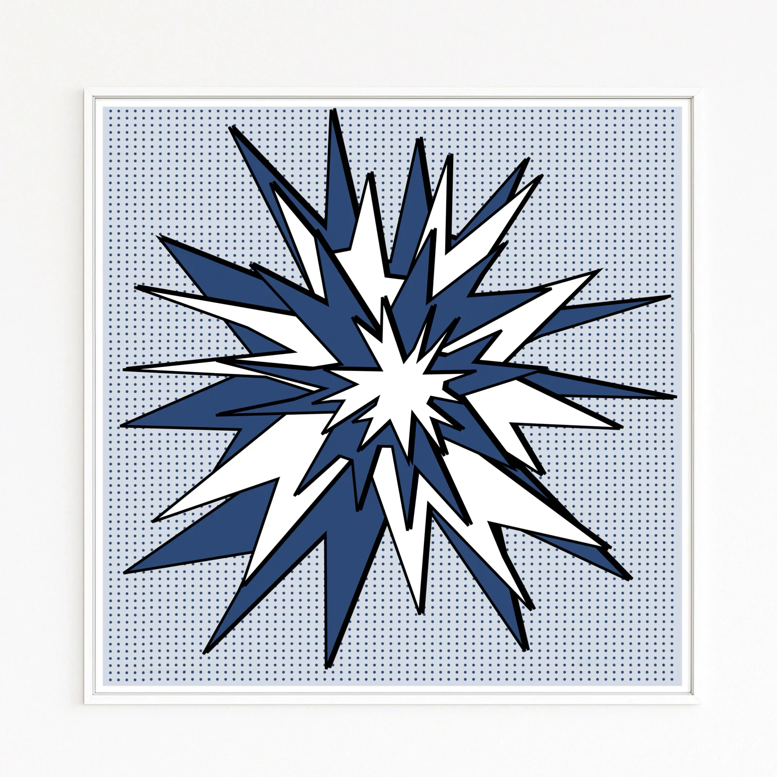 EXPLOSION shows a blue blast breaking through a halftone grid—an instant of frozen discharge. Contrasts in white, blue, and black; dynamic geometry. Art concept. Series of works.