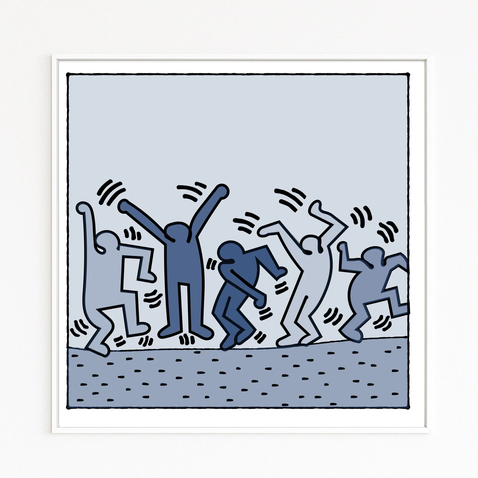 HARING DANCING Five dancing figures in a Haring-inspired style: dynamic lines, street art, and monochrome blue. Buy direct: Hahnemühle Fine Art, mounted on Alu-Dibond, wooden frame with shadow gap.