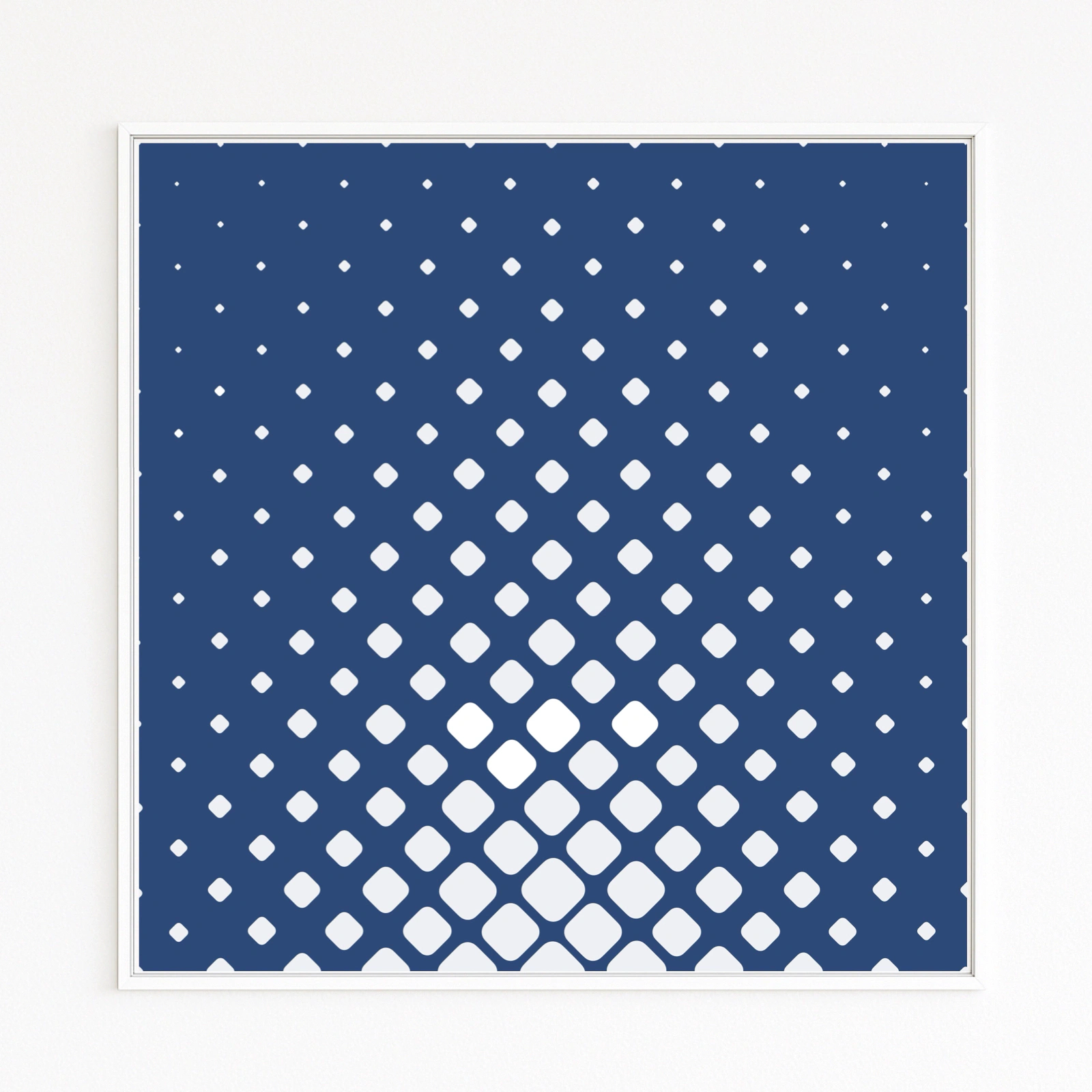 REFLEXION zeigt helle Quadrate, die aus tiefem Blau aufsteigen. Von klein zu groß verdichtet sich das Raster, wird wieder weit – ein stilles Spiel aus Rhythmus, Perspektive und Spiegelung.