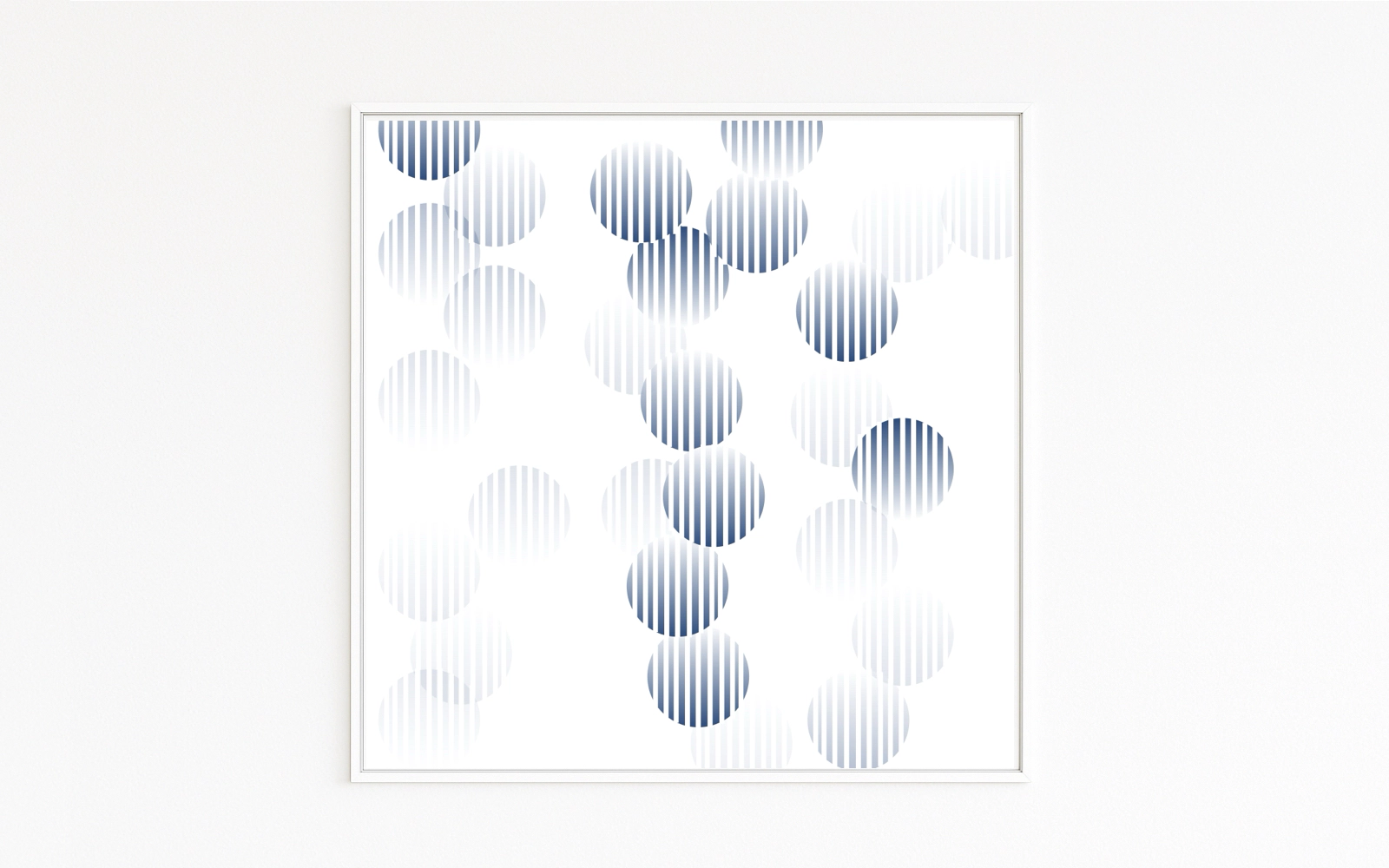 REFLECTIONS features circular elements with vertical stripes in blue and white. Transitions from dark to light create depth, movement, and a gentle pulse—like points of light on water.
