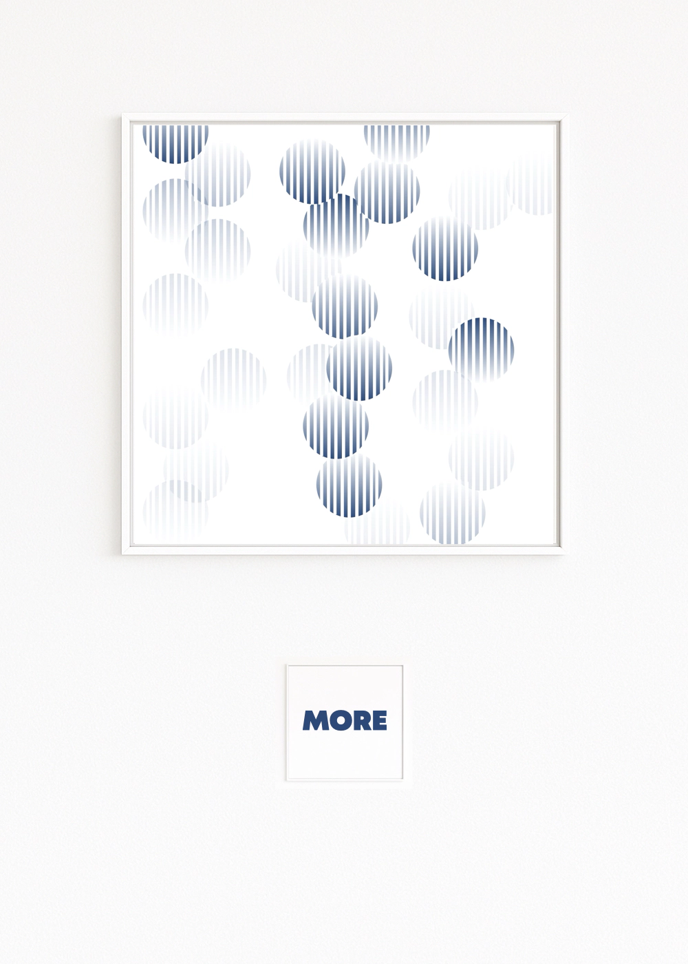 REFLECTIONS features circular elements with vertical stripes in blue and white. Transitions from dark to light create depth, movement, and a gentle pulse—like points of light on water.
