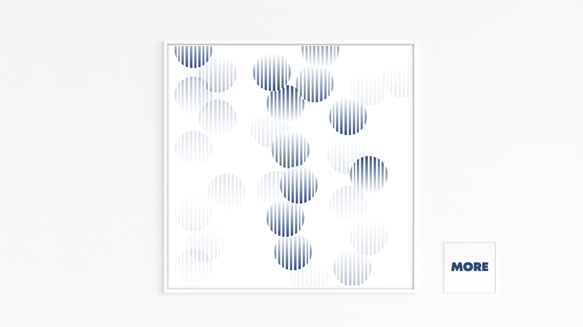REFLECTIONS features circular elements with vertical stripes in blue and white. Transitions from dark to light create depth, movement, and a gentle pulse—like points of light on water.