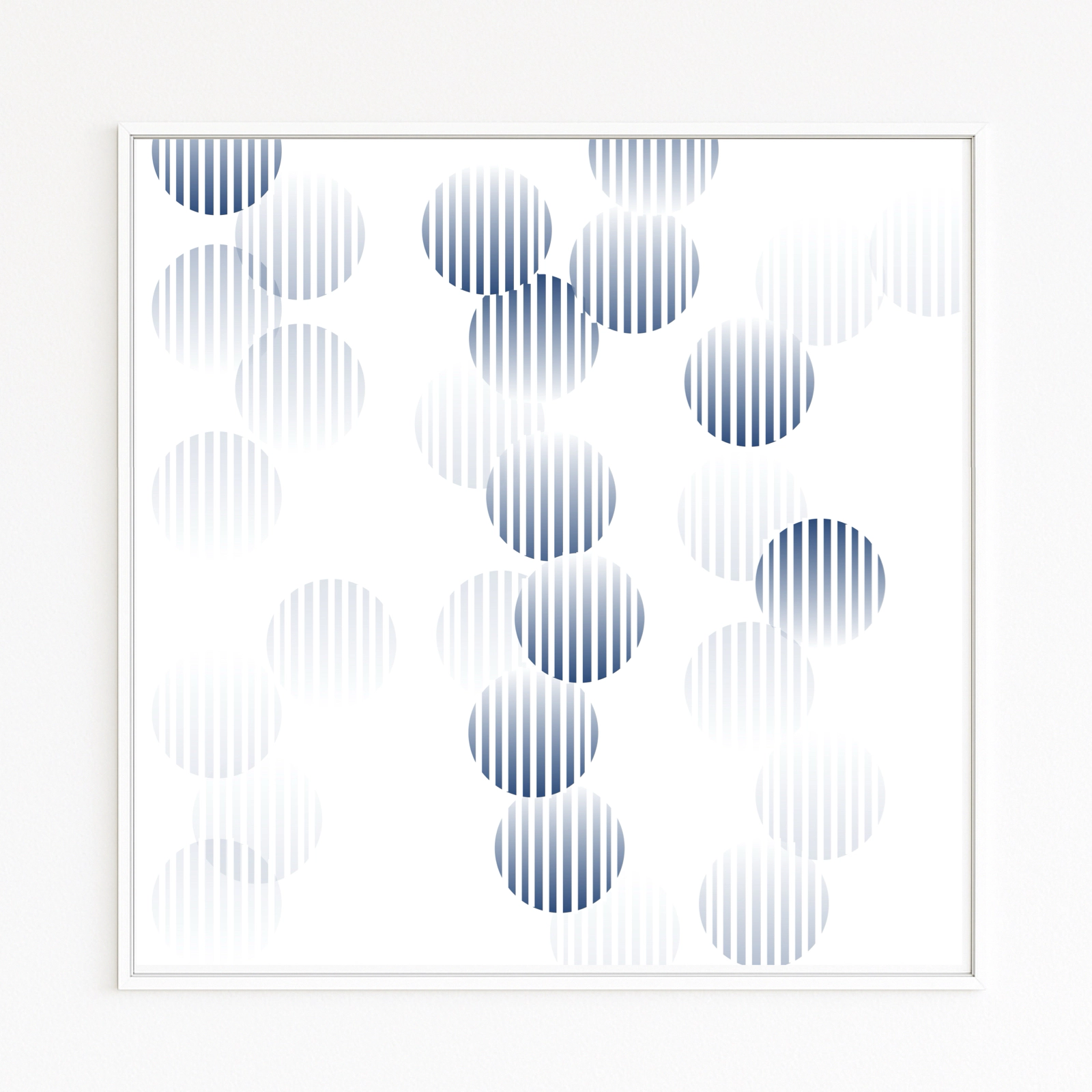 REFLECTIONS features circular elements with vertical stripes in blue and white. Transitions from dark to light create depth, movement, and a gentle pulse—like points of light on water.