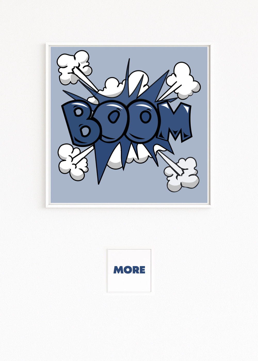 COMIC ART displays the word “BOOM” in rich blue, surrounded by white smoke clouds and dynamic rays. Pop-art/comic aesthetic with bold outlines, humor, and pointed drama.