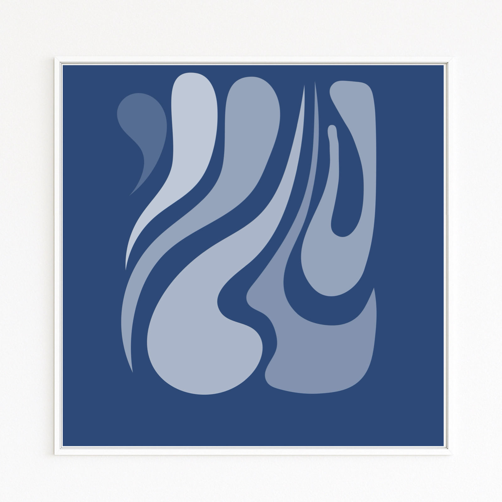 INTERLOCKING features gently flowing shapes in blue tones. Organic lines overlap, light–dark contrast creates depth and movement—an image of connectedness and balance.