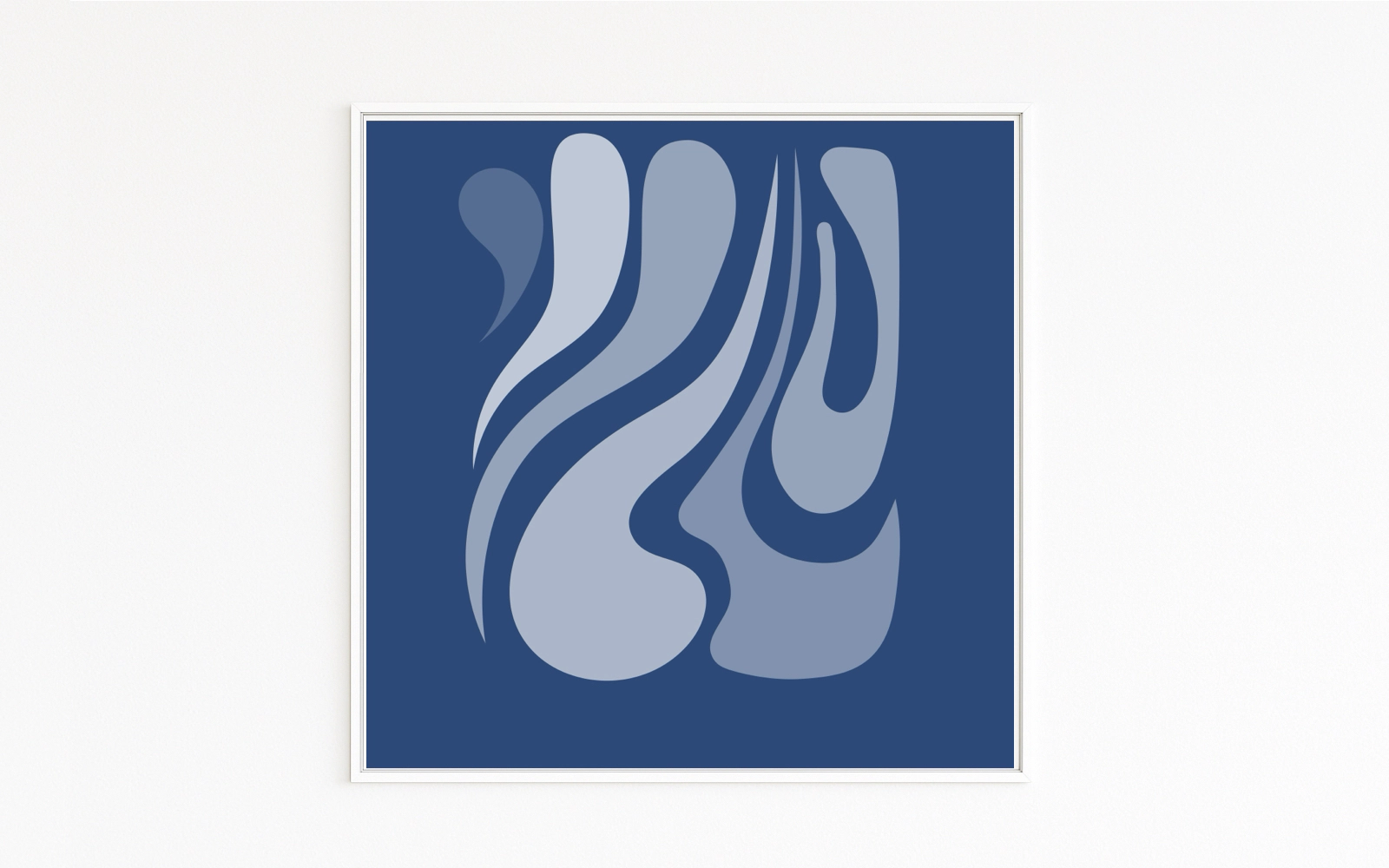 INTERLOCKING features gently flowing shapes in blue tones. Organic lines overlap, light–dark contrast creates depth and movement—an image of connectedness and balance.