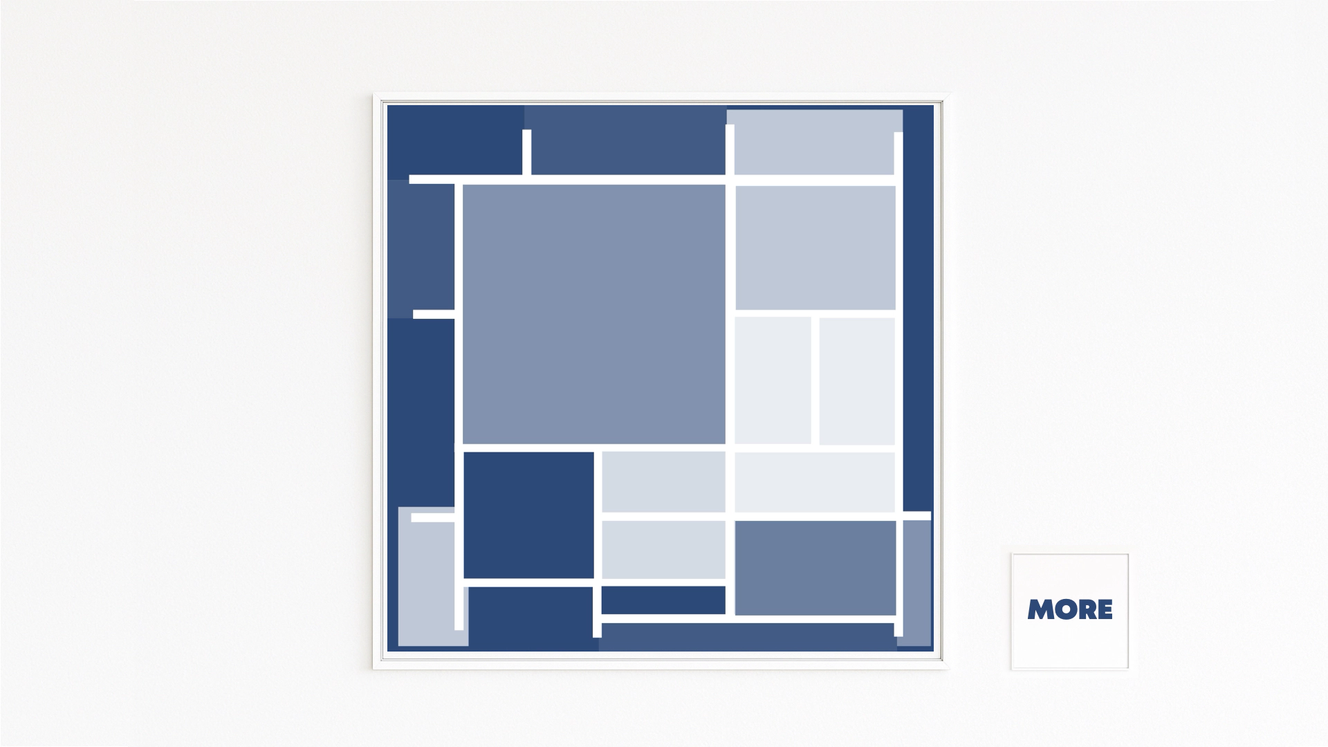 MONDRIAN INSPIRIERT Rechtecke und Quadrate in Blau- und Blautönen, getrennt durch weiße Linien, formen eine harmonische Komposition. Kühle, monochrome Palette.Klassische Abstraktion modern interpretiert, zeitlos und strukturiert.