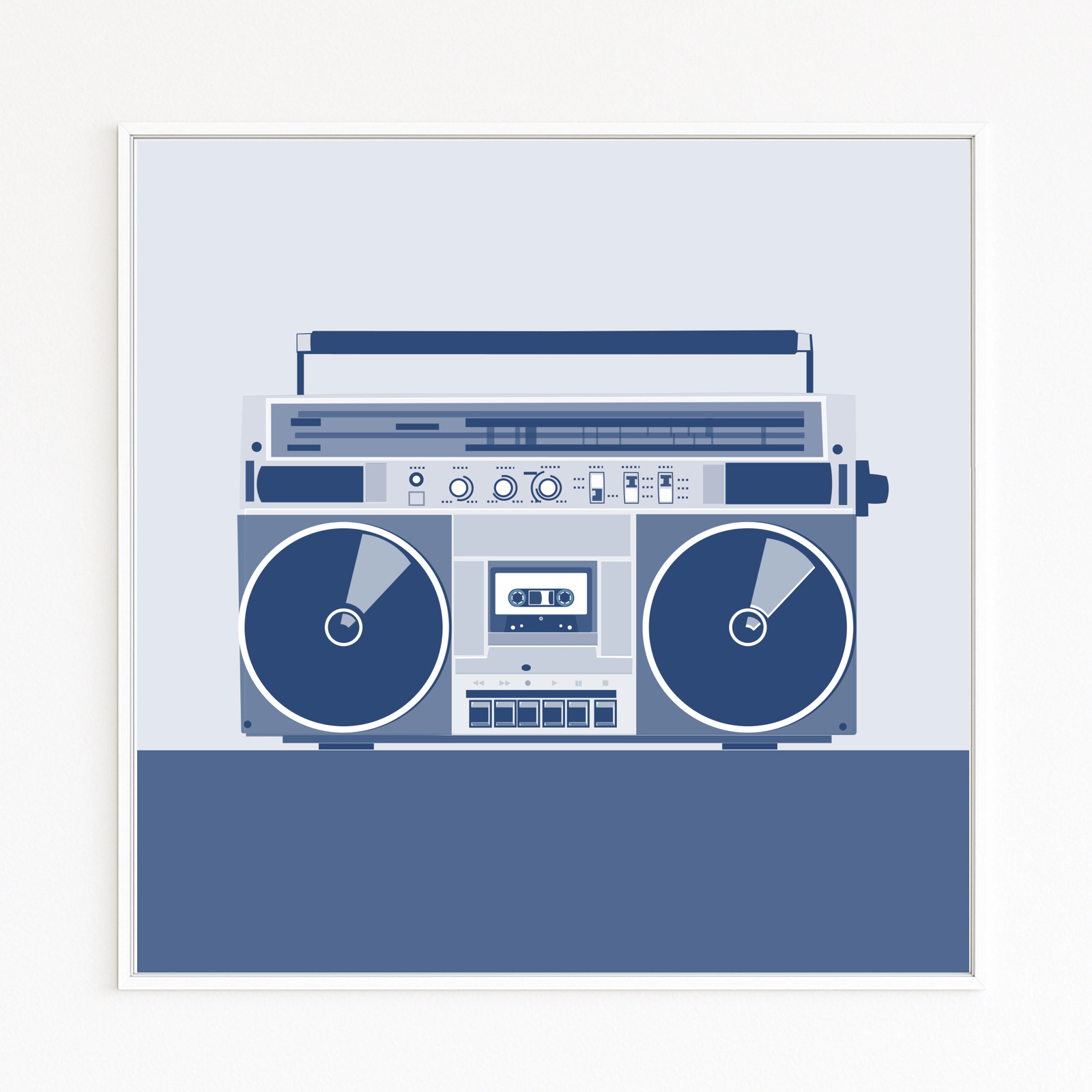 GHETTOBLASTER depicts an iconic 1980s boombox in bold blue—cassette deck, radio, knobs, and large speakers. A minimalist symbol of urban youth culture, rap, and breakdance.
