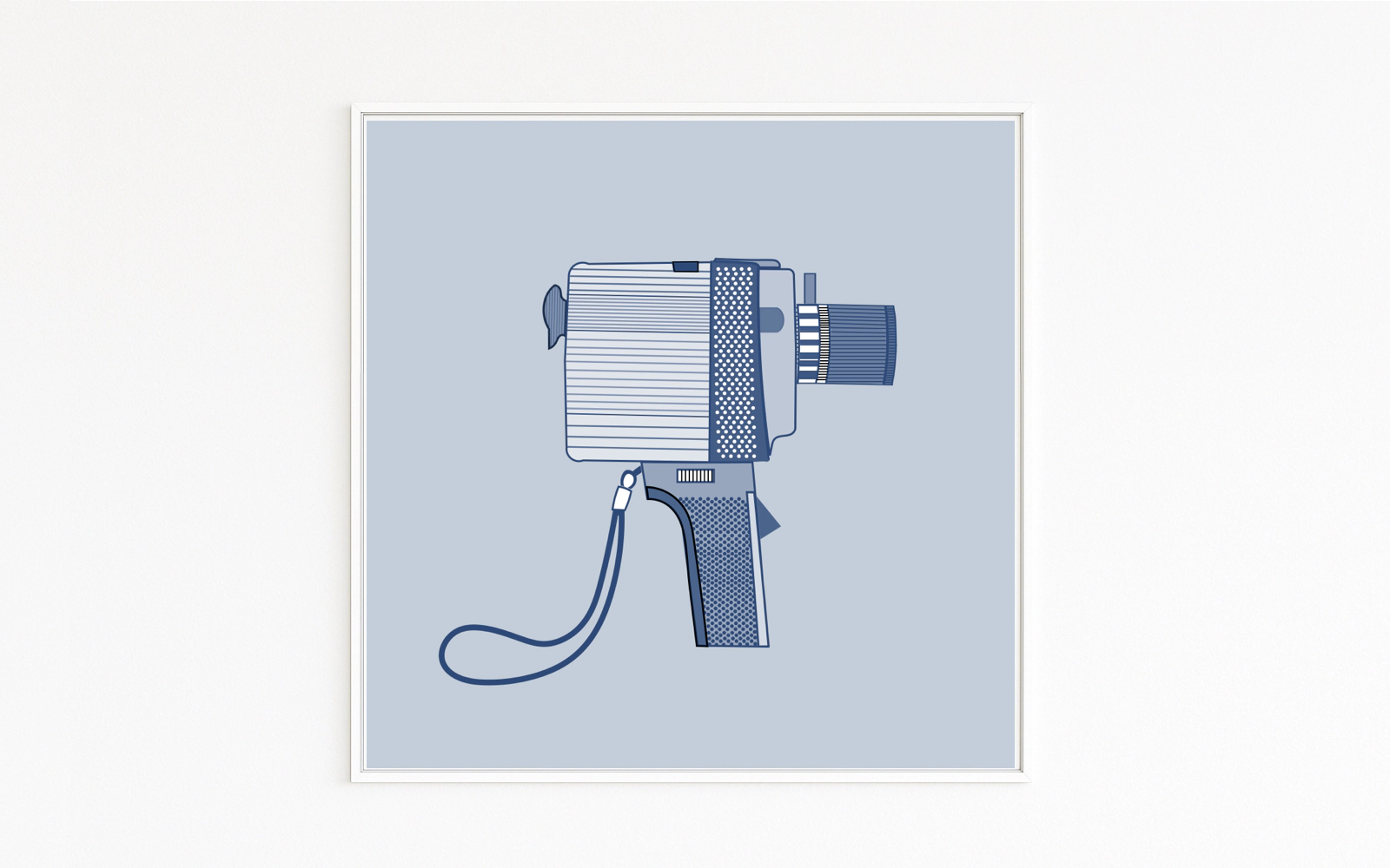 SUPER 8 features a stylized Super 8 camera in blue tones—clean lines, retro flair of the ’60s/’70s. Buy direct: Hahnemühle Fine Art, Alu-Dibond, white wooden frame with shadow gap.