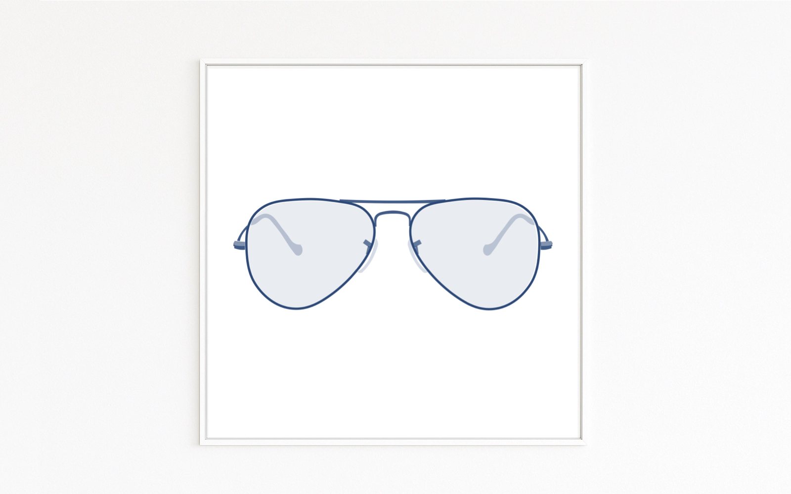 AVIATOR zeigt die ikonische Silhouette einer Ray Ban Pilotenbrille in tiefem Blau. Minimalistisch schwebend auf Weiß, zeitloses Design, Design-Klassiker, Produkt-Design