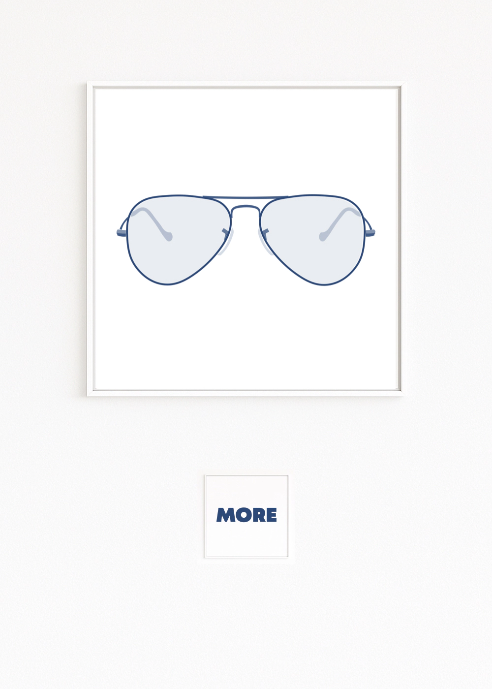 AVIATOR shows the iconic silhouette of Ray-Ban aviator sunglasses in deep blue. Minimalist, floating on white, timeless design, a product-design classic.