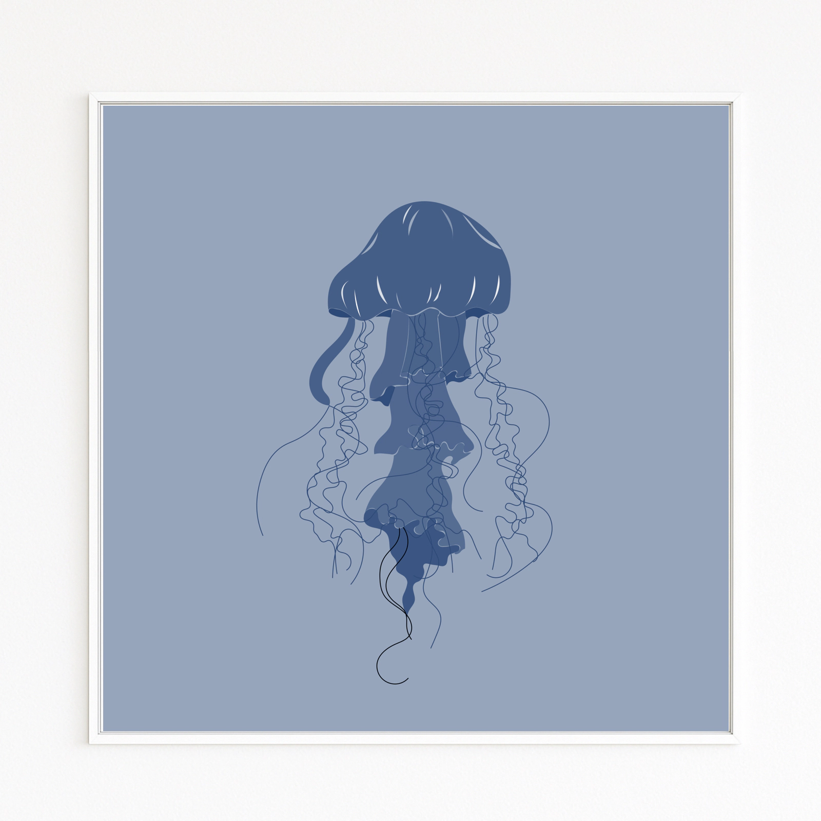 Medusa. Floating jellyfish. Long tentacles. Blue sea. Underwater world. Fine art print.
