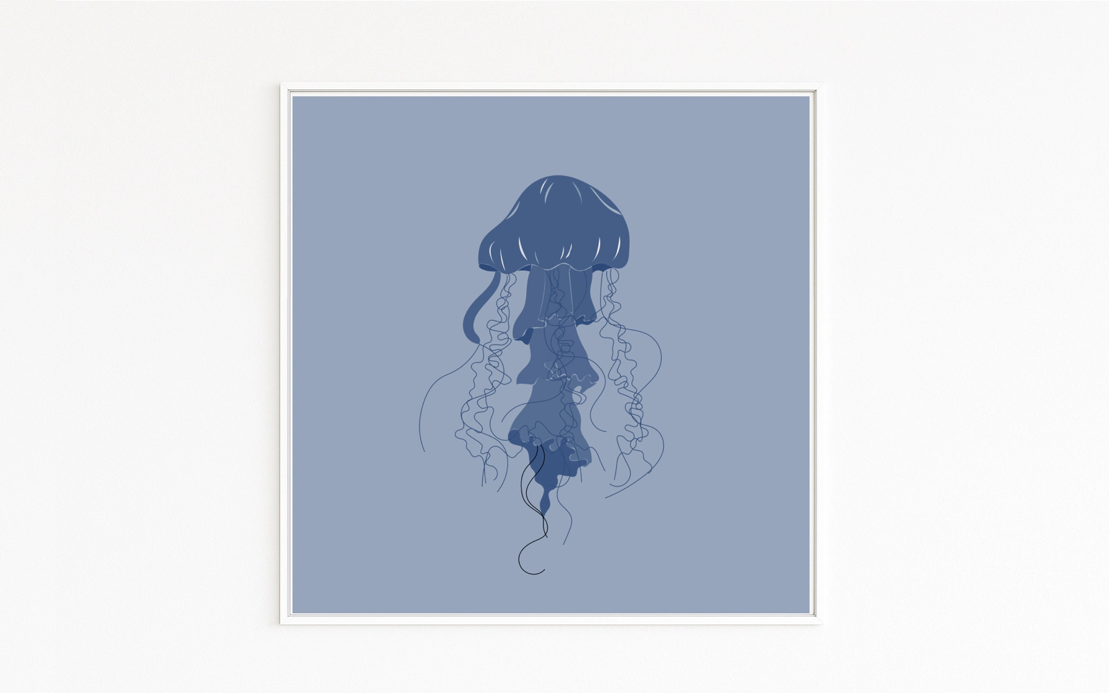 Medusa. Floating jellyfish. Long tentacles. Blue sea. Underwater world. Fine art print.