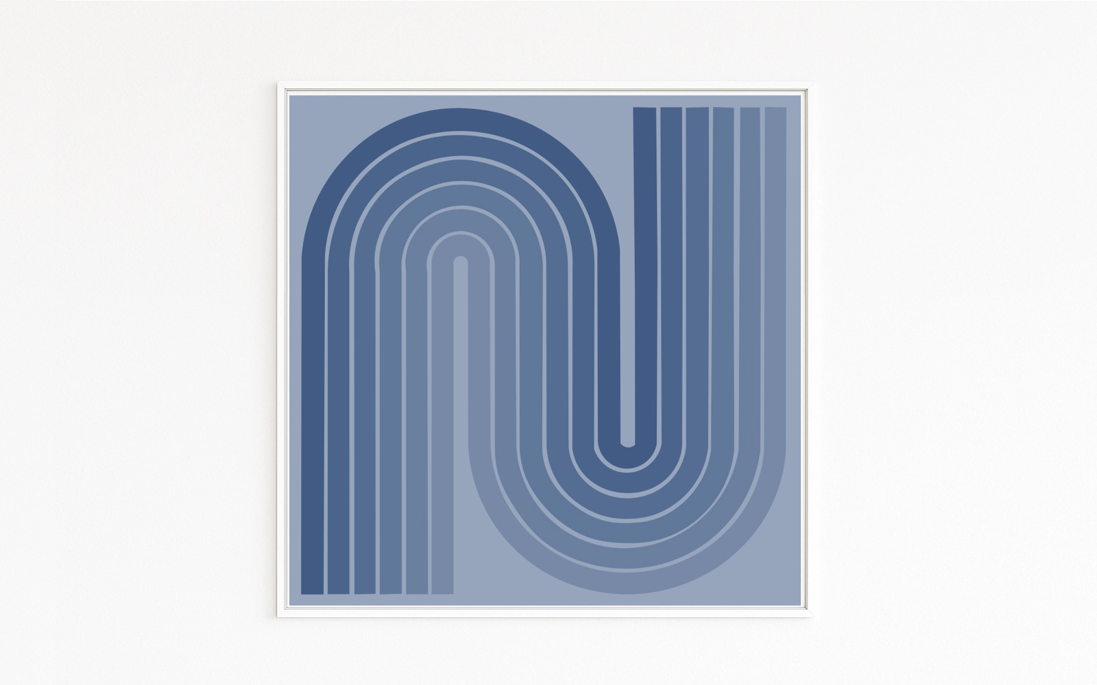 TRACK features parallel lanes in blue tones that turn in a U-shape, rhythm between speed and calm. Buy direct: Hahnemühle Fine Art, Alu-Dibond, white wooden frame with shadow gap.