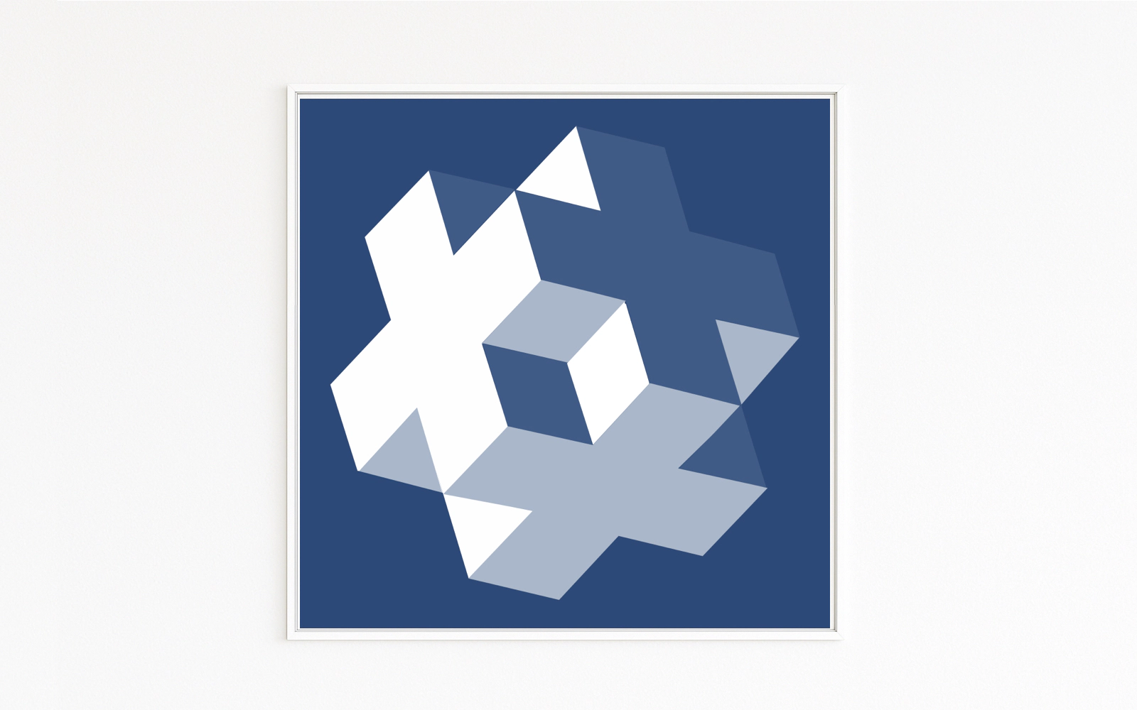 CROSS features a white cross on deep blue, overlaid by blue planes; a tilting cube creates rotation and depth. Buy direct: Hahnemühle Fine Art, mounted on Alu-Dibond, white wooden frame with shadow gap.