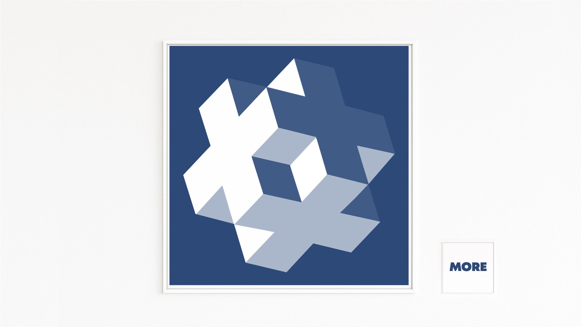 KREUZ zeigt ein weißes Kreuz auf tiefem Blau, überlagert von blauen Flächen; ein kippender Kubus erzeugt Rotation und Tiefe. Direkt kaufen: Hahnemühle Fine Art, auf Alu-Dibond kaschiert, weißer Holzrahmen mit Schattenfuge.