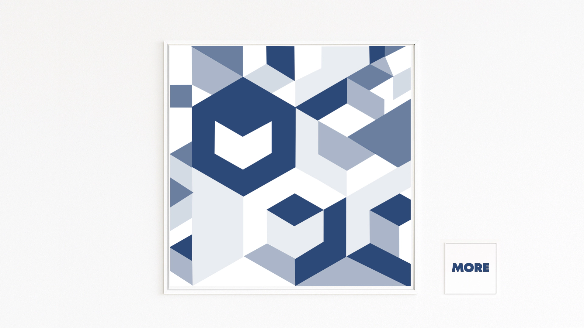 ROOM arranges tiered cubes and open negative space into an isometric mesh in navy, steel, and ice blue. Light and shadow tilt the planes—clear structure, spatial depth.