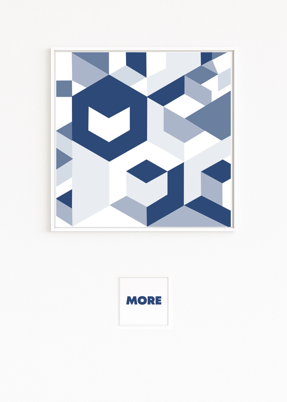 ROOM arranges tiered cubes and open negative space into an isometric mesh in navy, steel, and ice blue. Light and shadow tilt the planes—clear structure, spatial depth.
