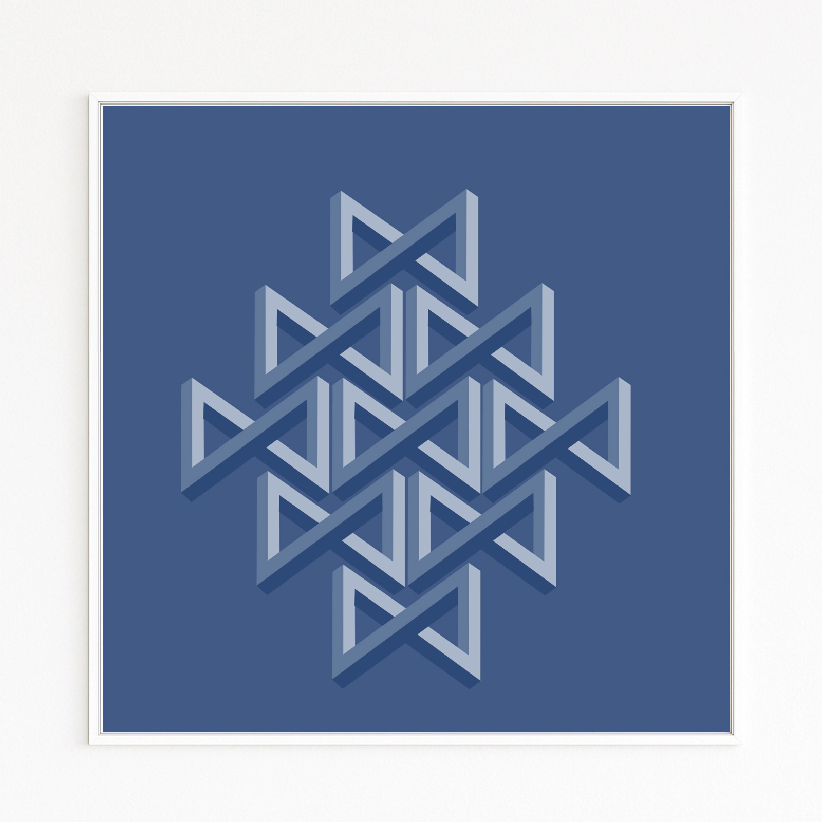 SPACE arranges interlocking triangular frames into a floating object. Isometric edges with light and shadow create depth, clear geometric forms, and a calm rhythm.