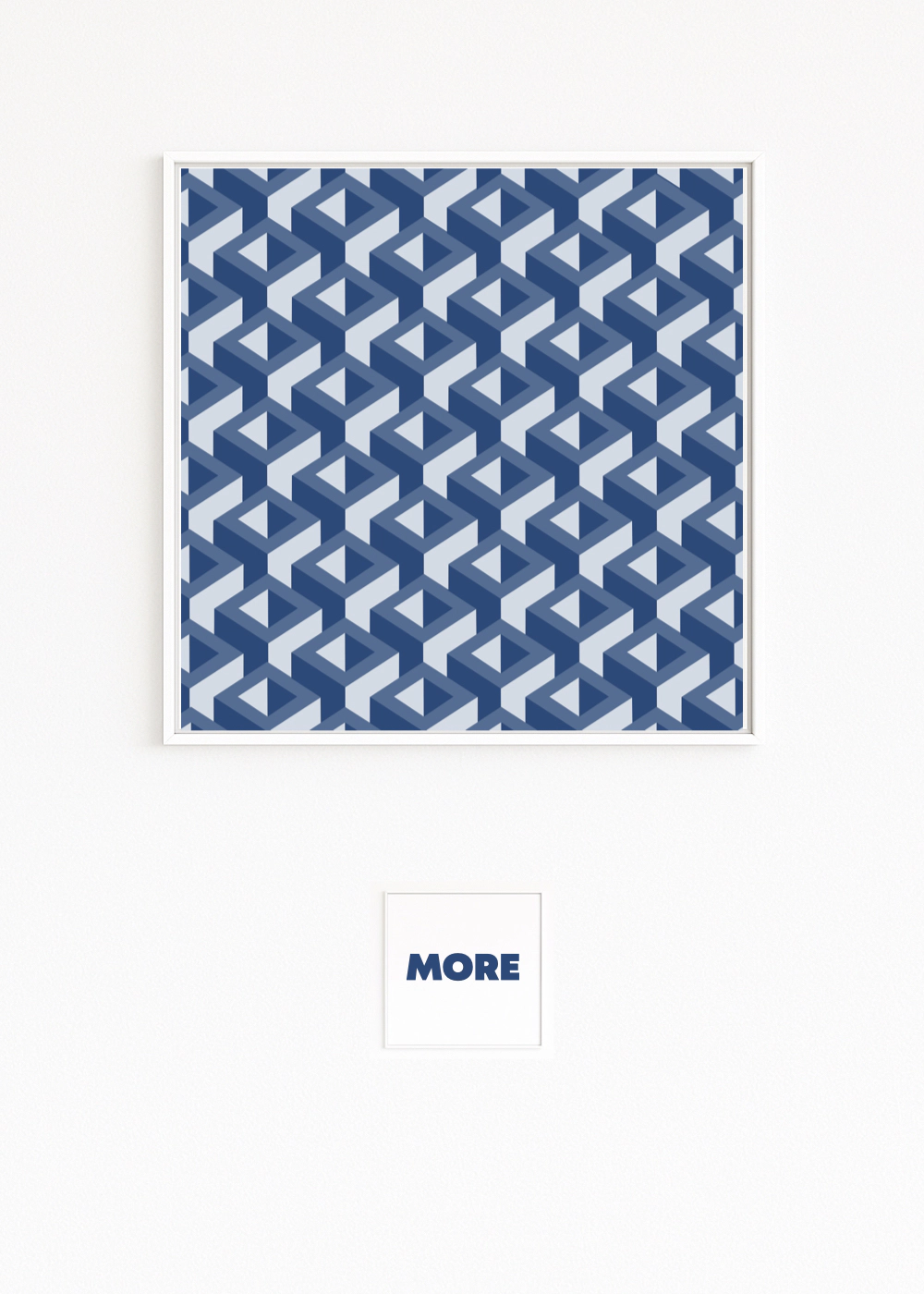 CONFORM: An isometric grid of hollow cubes or rhombi in navy and ice blue; an Op Art effect with quiet motion. Fine art work.