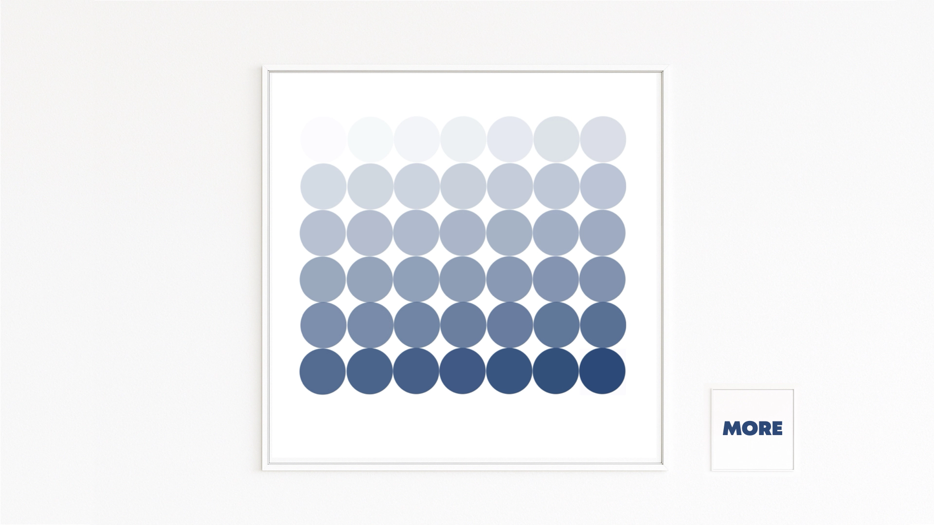 APPEARANCE. Eight rows of circles from white to deep blue in a grid. Minimalist gradient, art series with over 300 works.